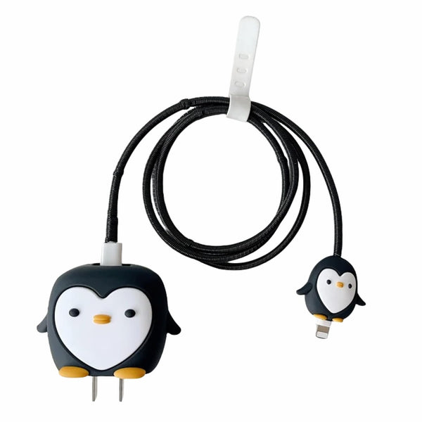 Silicone Cartoon iPhone Charger Case Cover for 18-20W Chargers -  Penguin Black