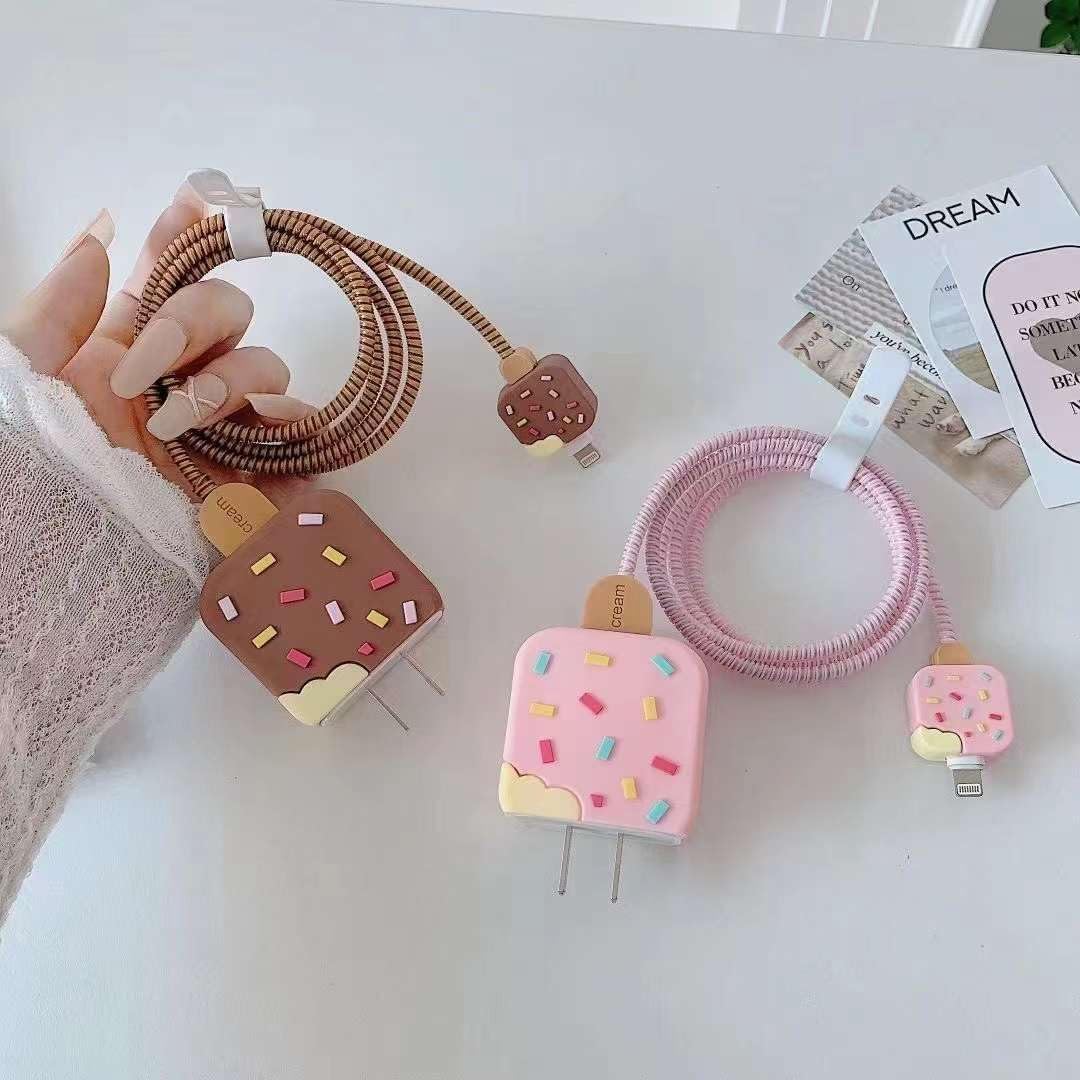 Samsung Cartoon Charger Case Cover for 25W Chargers-  Ice cream ( With Wire Cover ) - Pink