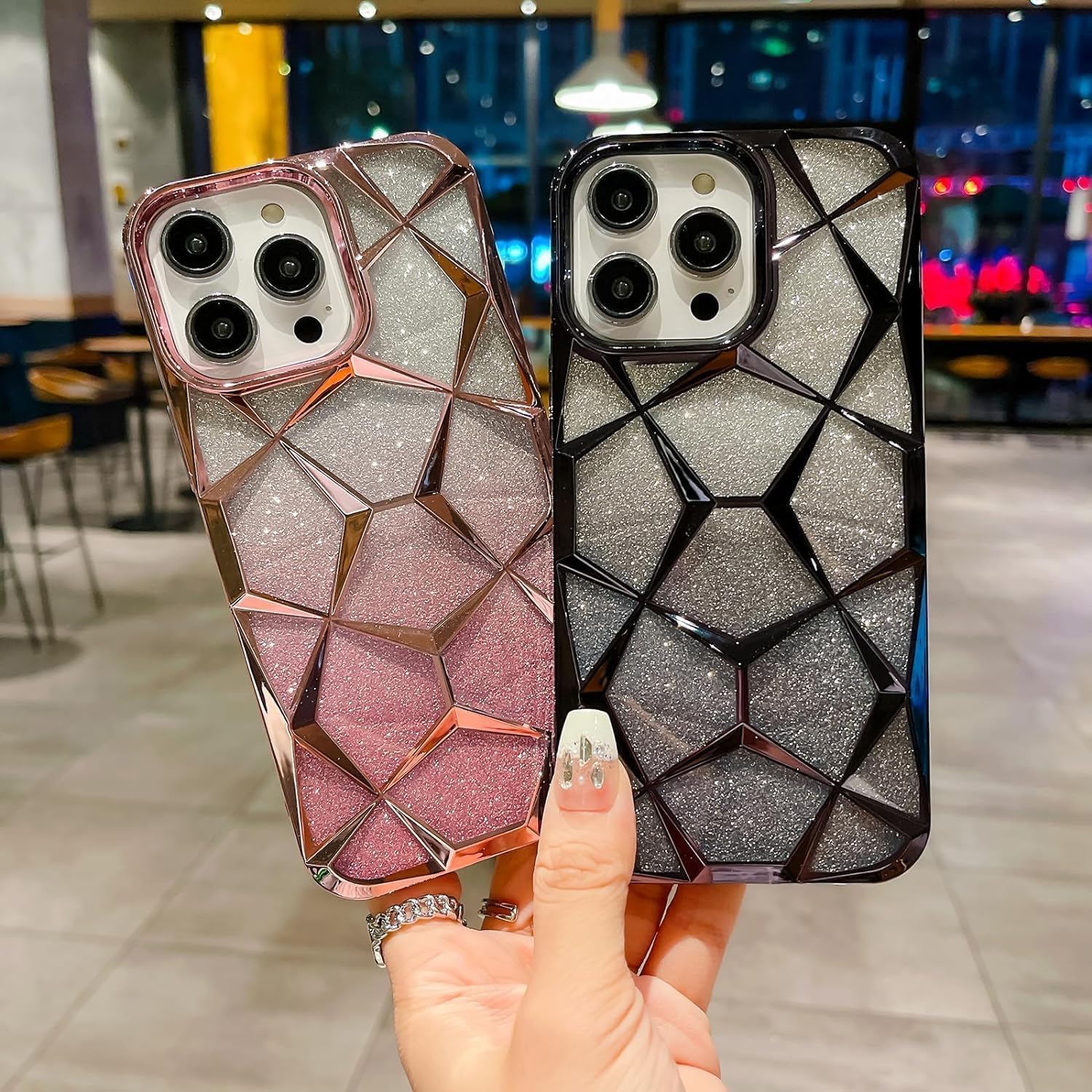 Gradient Glitter Electroplated 3D Cube, Diamond Back Cover - Black