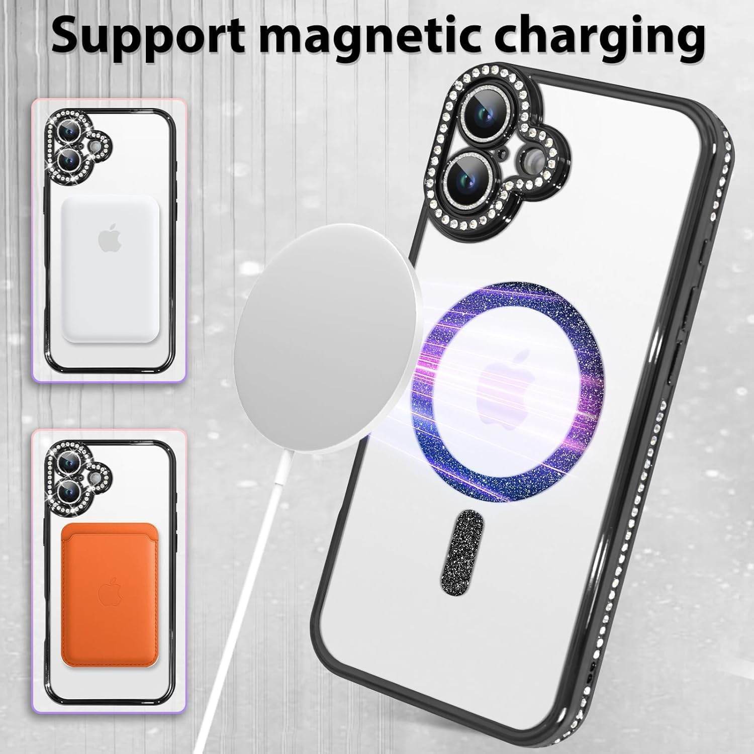 iPhone 16 Glitter Transparent Diamond Wireless Charging Magnetic MagSafe Case - Blue - Guleel