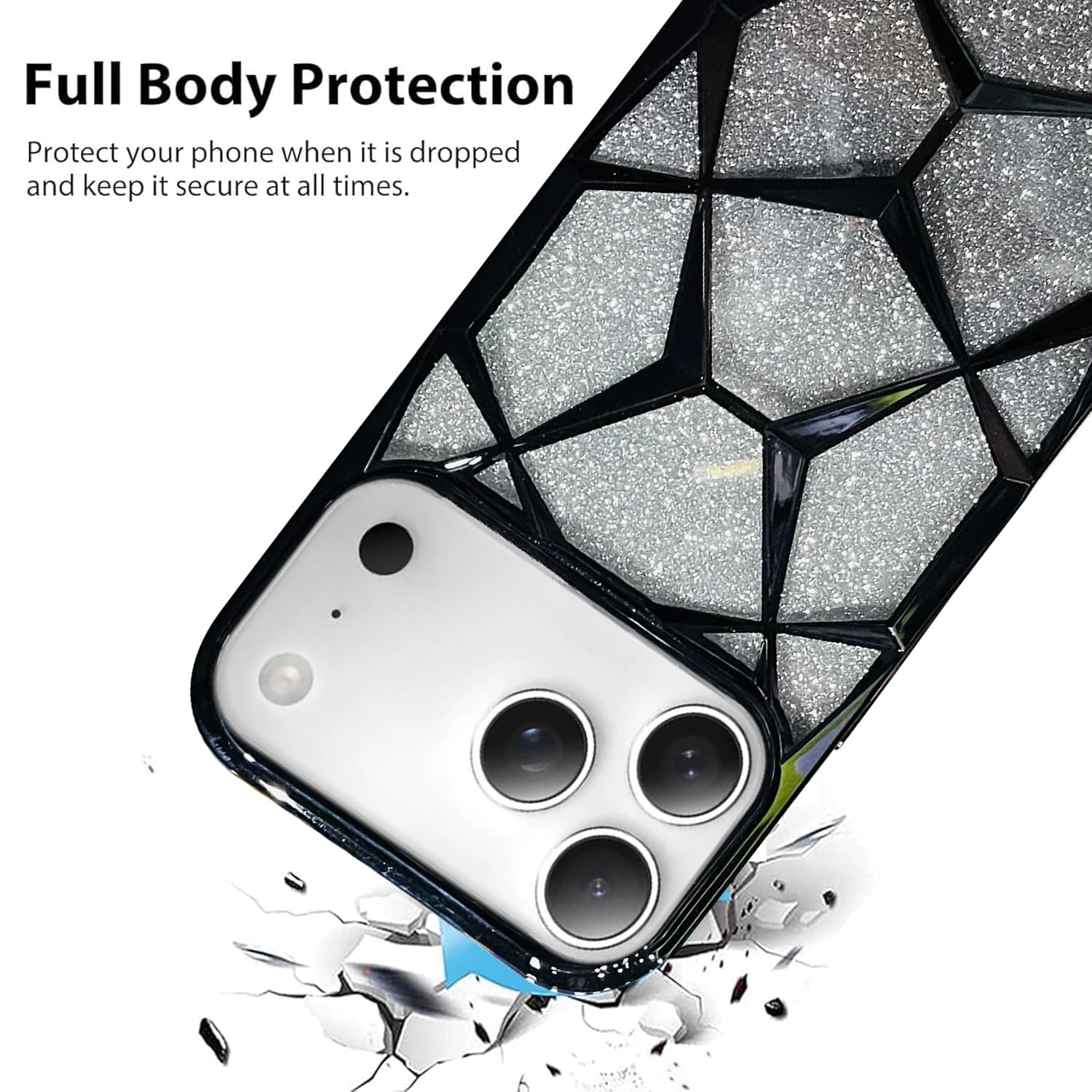 Gradient Glitter Electroplated 3D Cube, Diamond Back Cover - Black