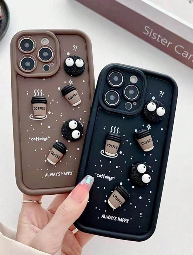 iPhone 15 Pro Max Cute Coffee Silicone Cartoon Back Case Cover - Black - Guleel