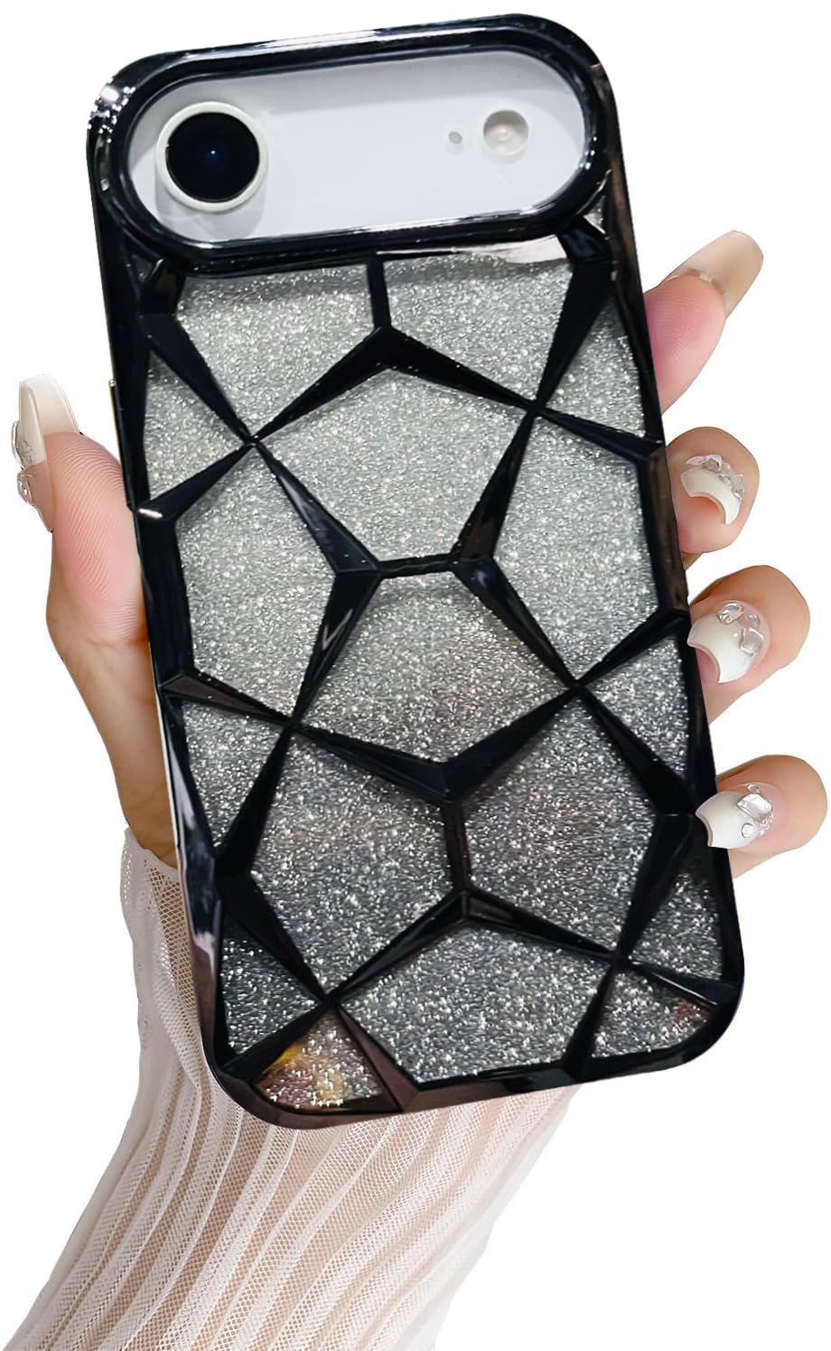 iPhone 17 Air Gradient Glitter Electroplated 3D Cube, Diamond Back Cover - Black