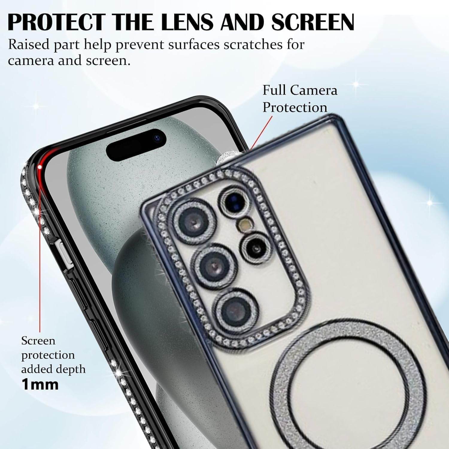 Glitter Camera Protection Magnetic Mag Safe Transparent Case Cover - Blue - Guleel