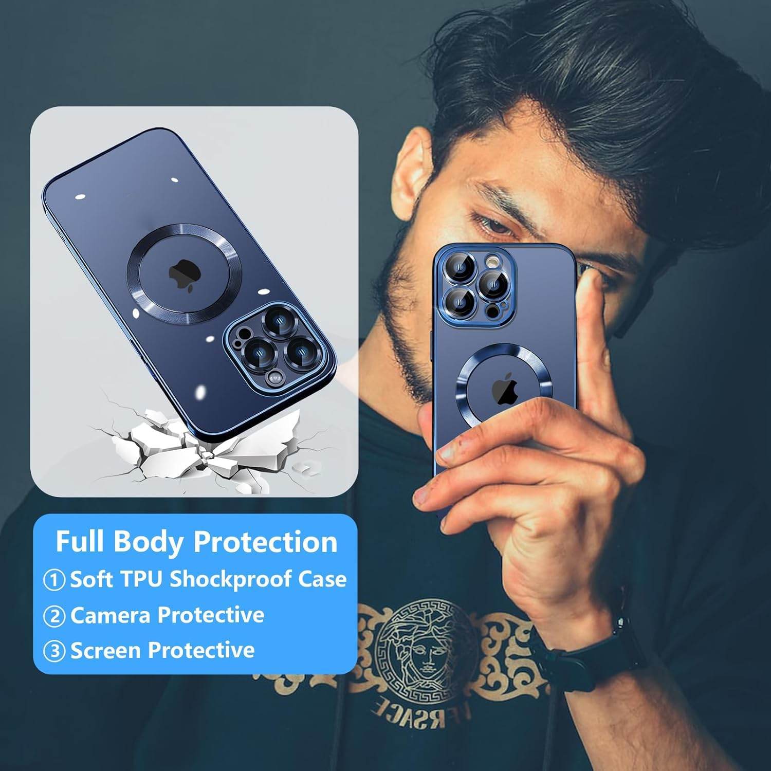 iPhone 15 Pro Max Premium Transparent Silicon Back Case Cover - Blue - Guleel