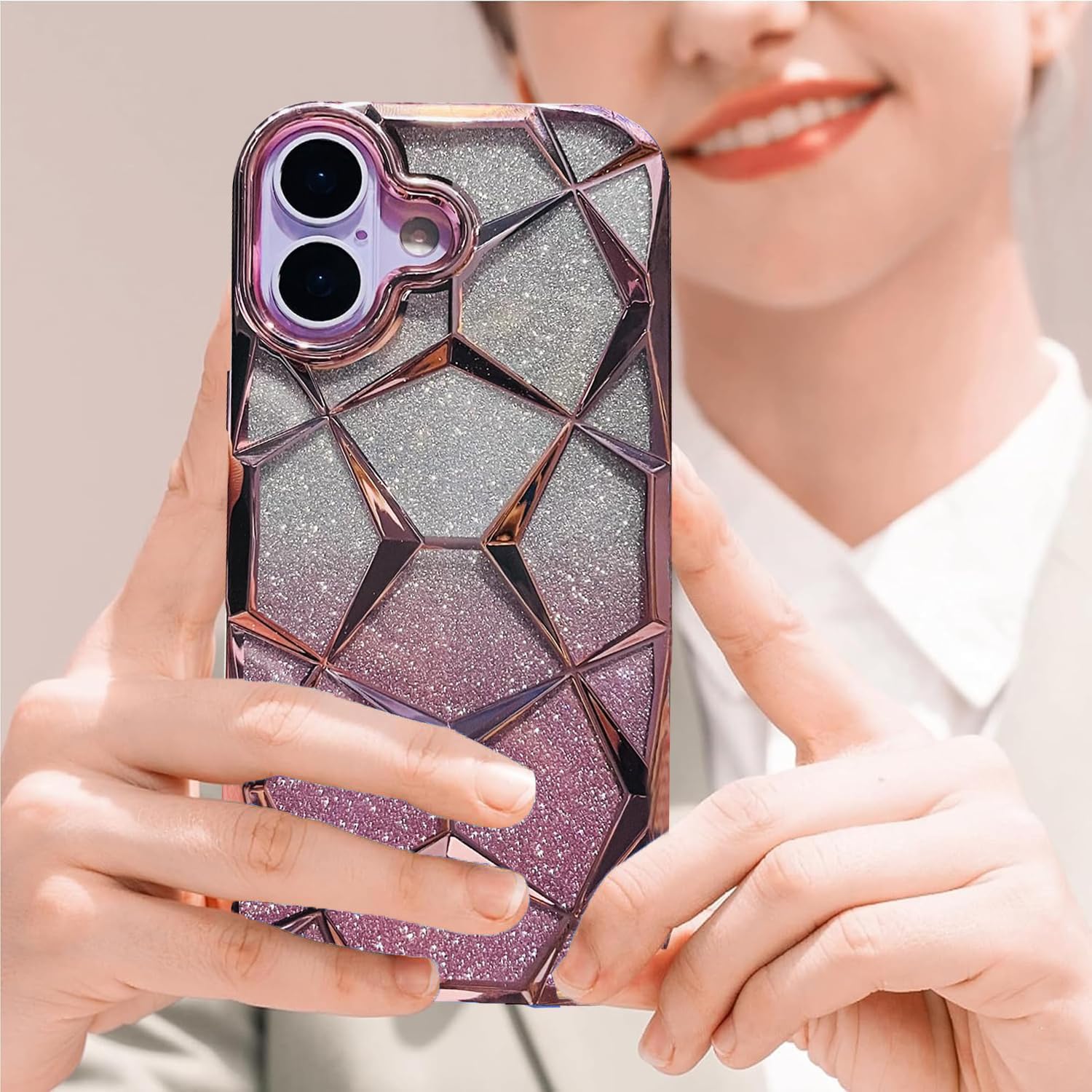 iPhone 17 Gradient Glitter Electroplated 3D Cube, Diamond Back Cover - Pink