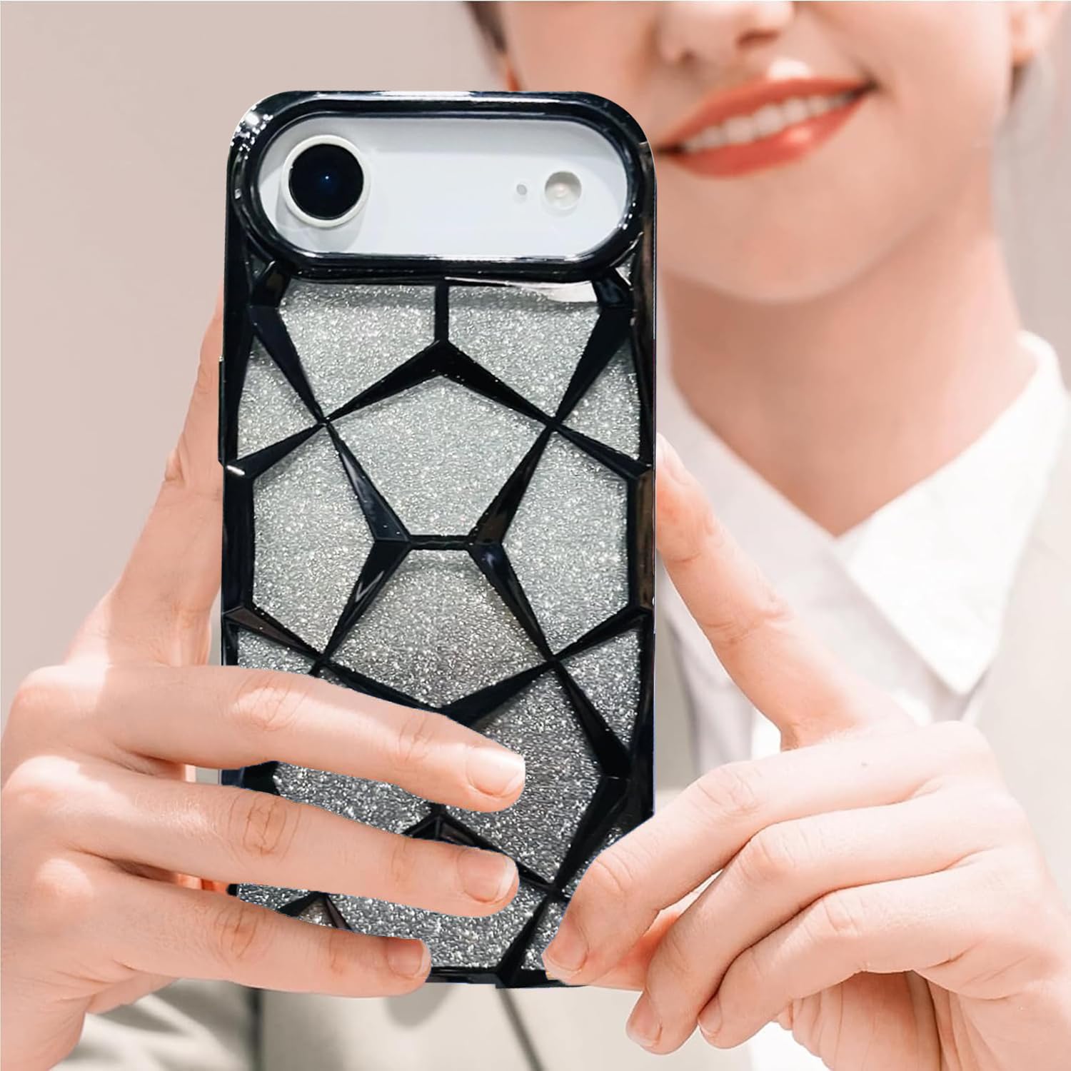 iPhone 17 Air Gradient Glitter Electroplated 3D Cube, Diamond Back Cover - Black