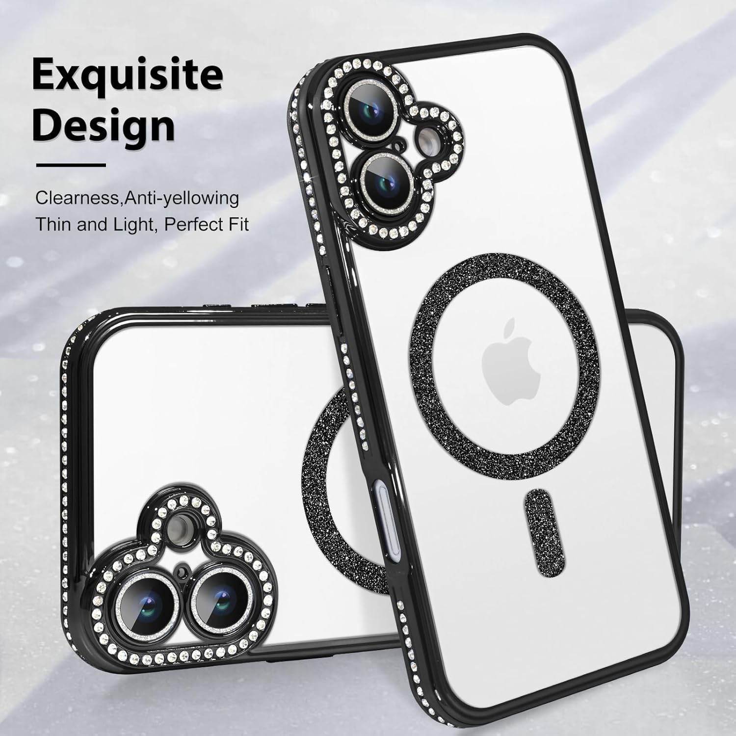 iPhone 16 Glitter Transparent Diamond Wireless Charging Magnetic MagSafe Case - Silver - Guleel