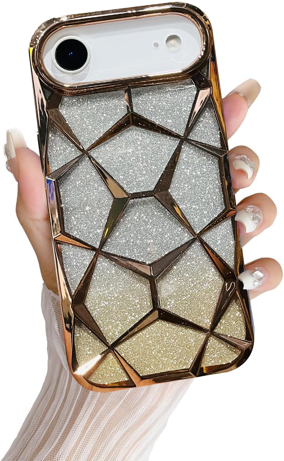 iPhone 17 Air Gradient Glitter Electroplated 3D Cube, Diamond Back Cover - Gold