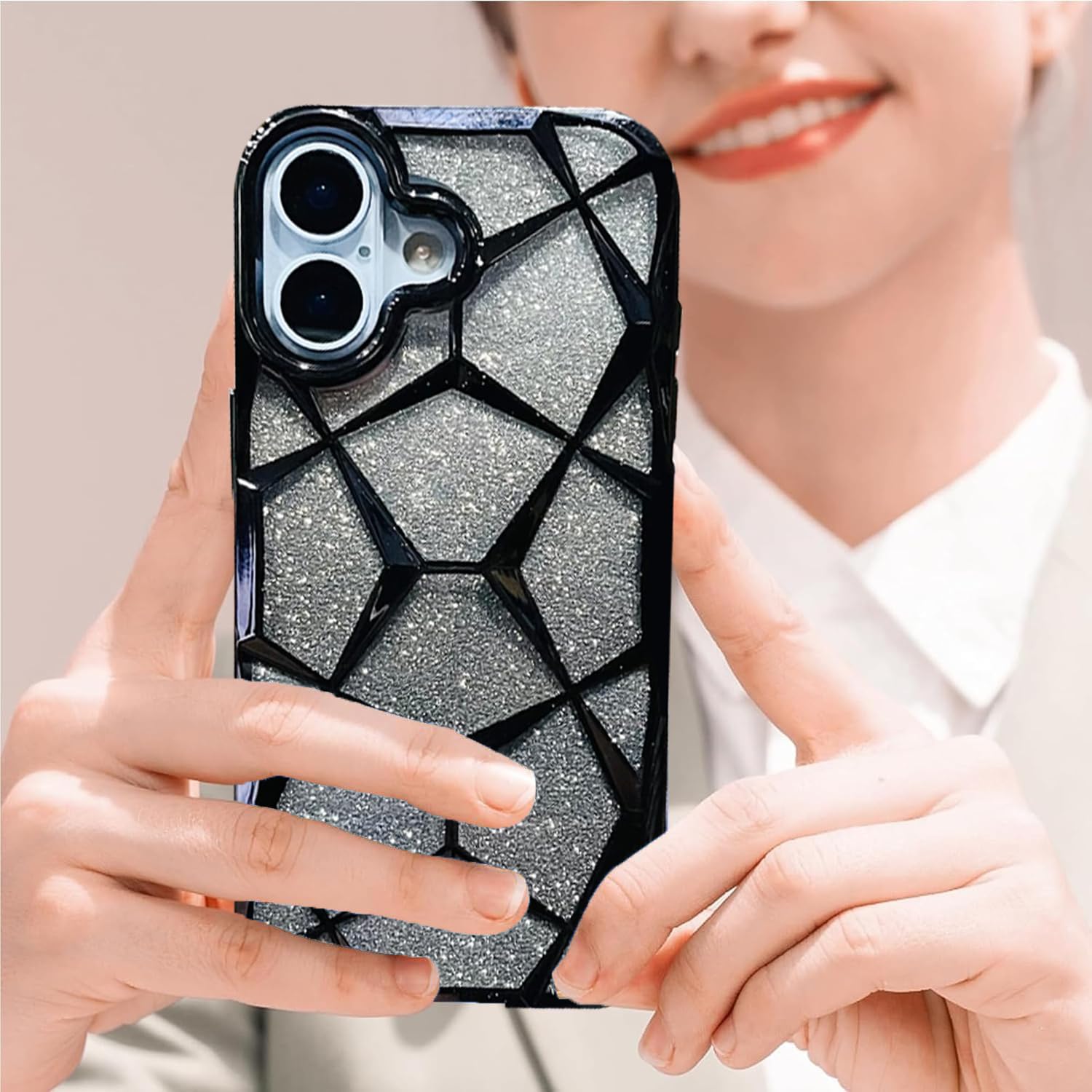 iPhone 17 Gradient Glitter Electroplated 3D Cube, Diamond Back Cover - Black