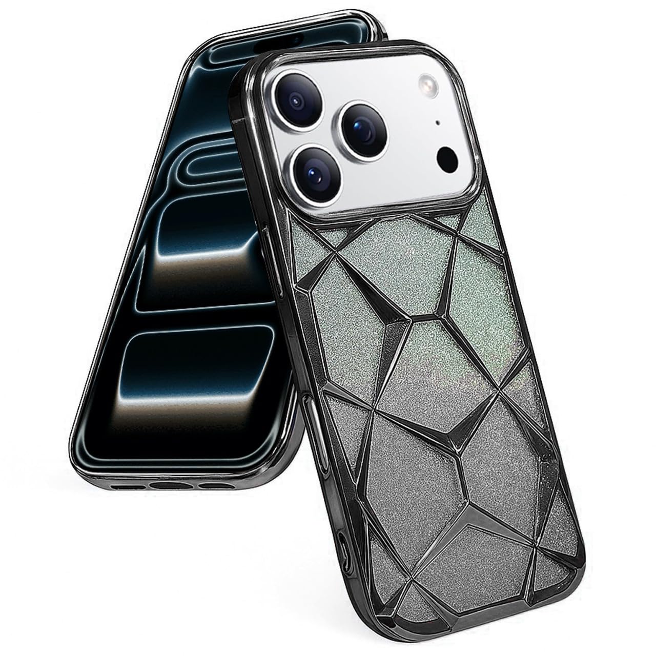 Gradient Glitter Electroplated 3D Cube, Diamond Back Cover - Black