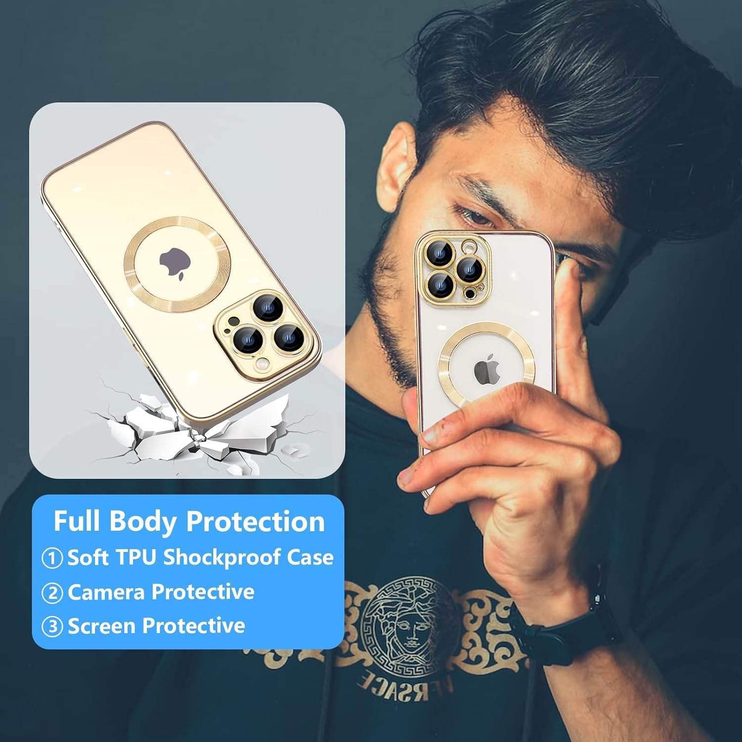 iPhone 15 Pro Max Premium Transparent Silicon Back Case Cover - Gold - Guleel