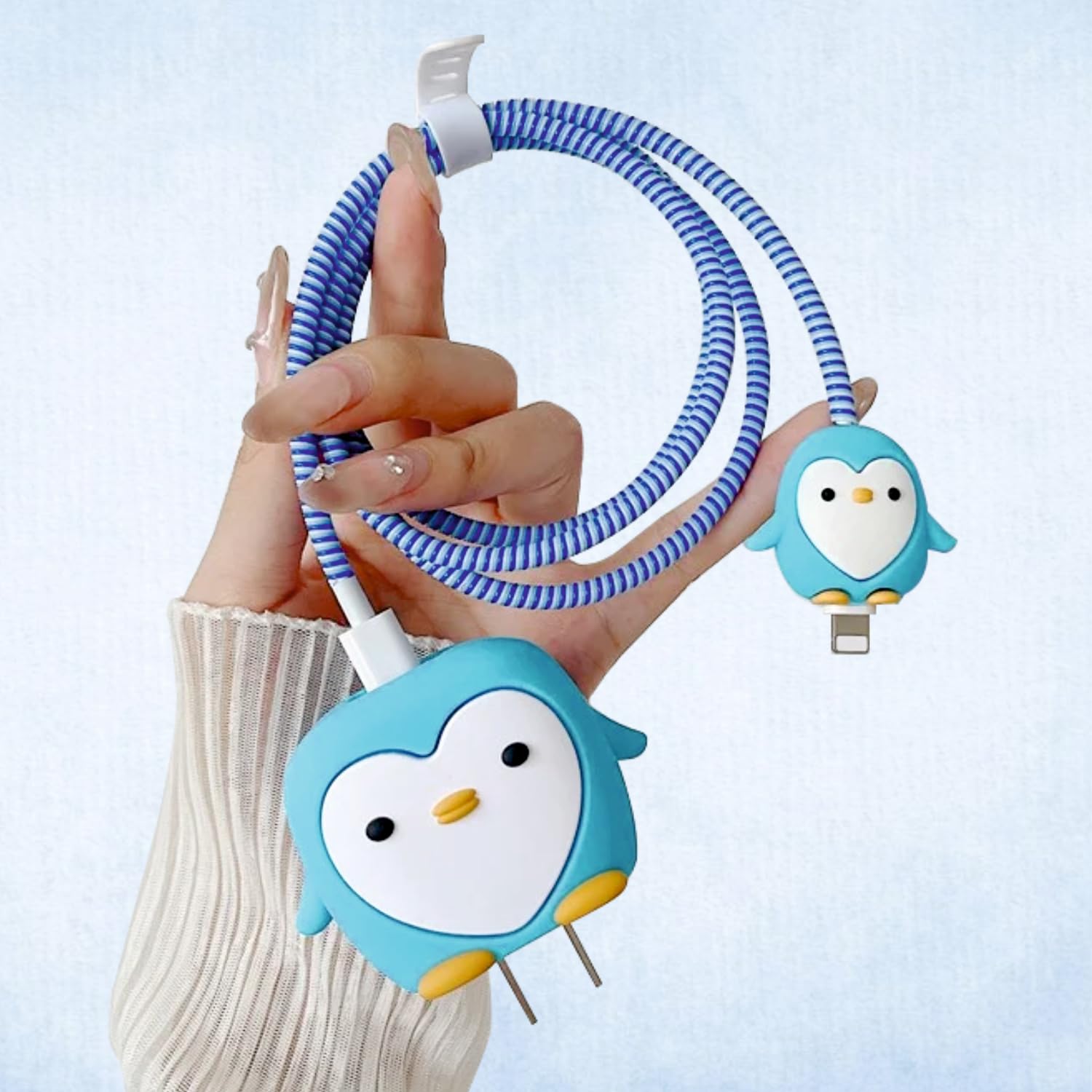 Silicone Cartoon iPhone Charger Case Cover for 18-20W Chargers -  Penguin Blue