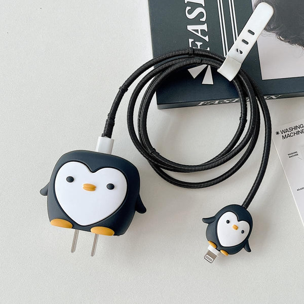 Silicone Cartoon iPhone Charger Case Cover for 18-20W Chargers -  Penguin Black