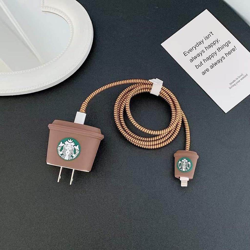 Silicone Cartoon iPhone Charger Case Cover for 18-20W Chargers - Starbucks Coffee Brown (With Wire Cover) - Guleel