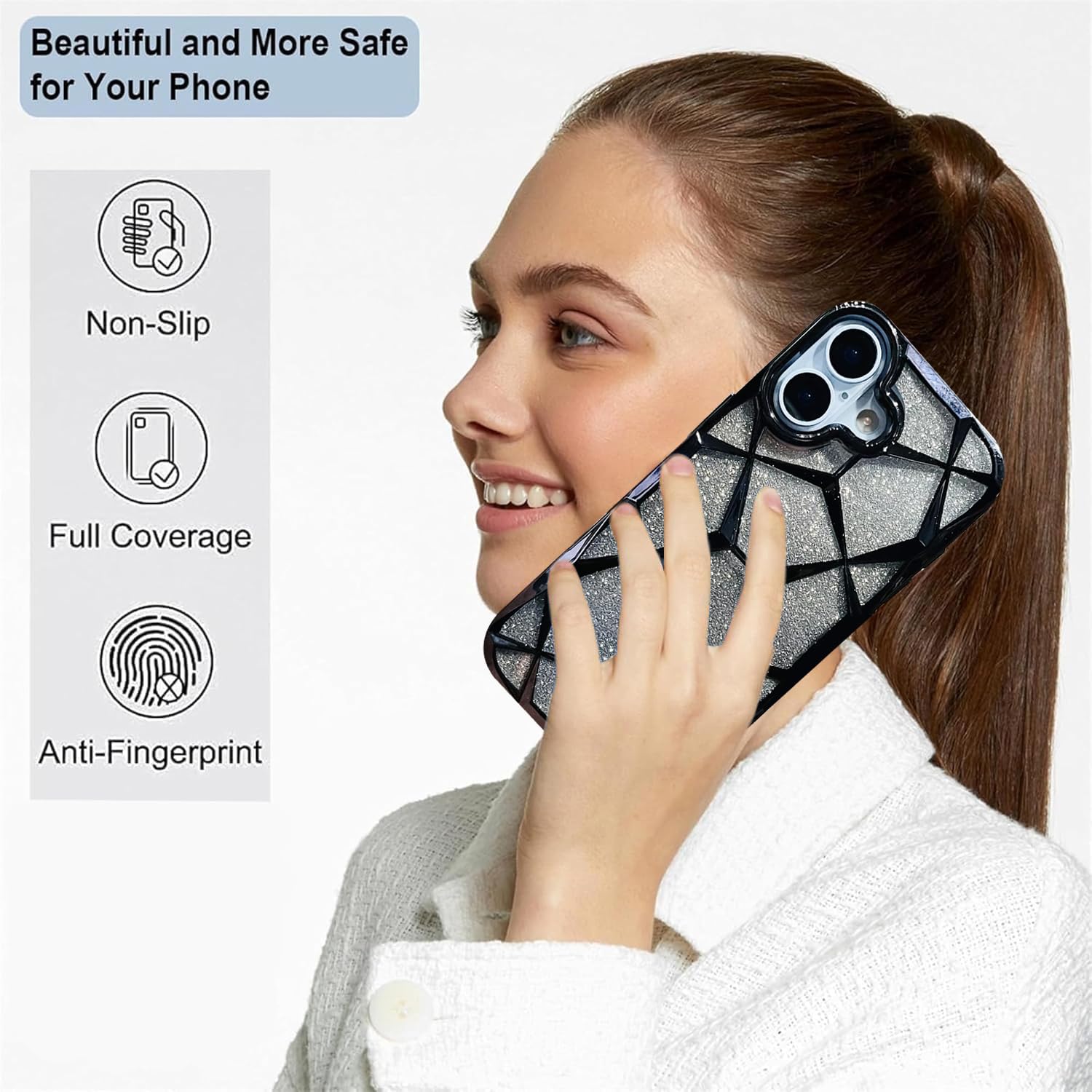 iPhone 17 Gradient Glitter Electroplated 3D Cube, Diamond Back Cover - Black