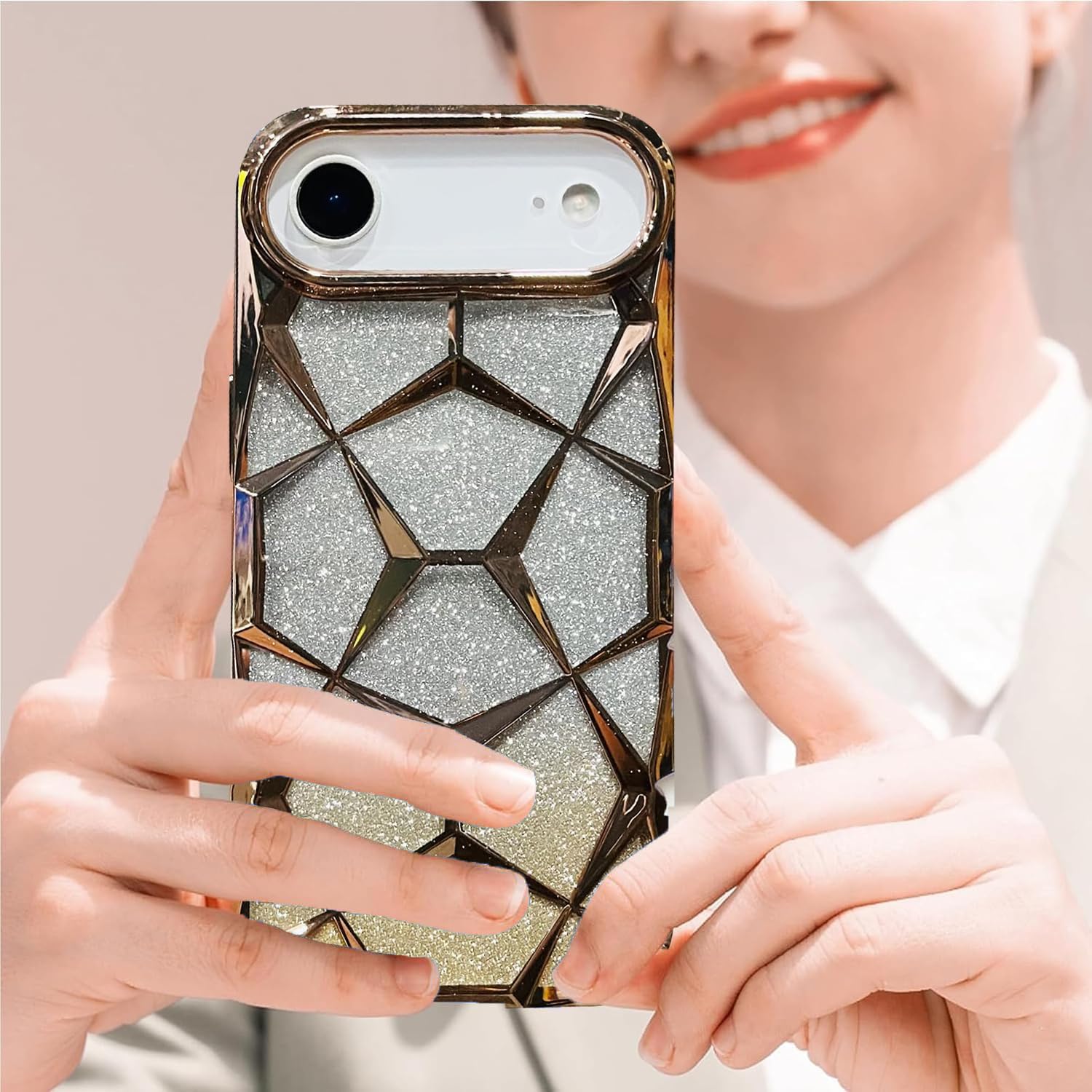 iPhone 17 Air Gradient Glitter Electroplated 3D Cube, Diamond Back Cover - Gold