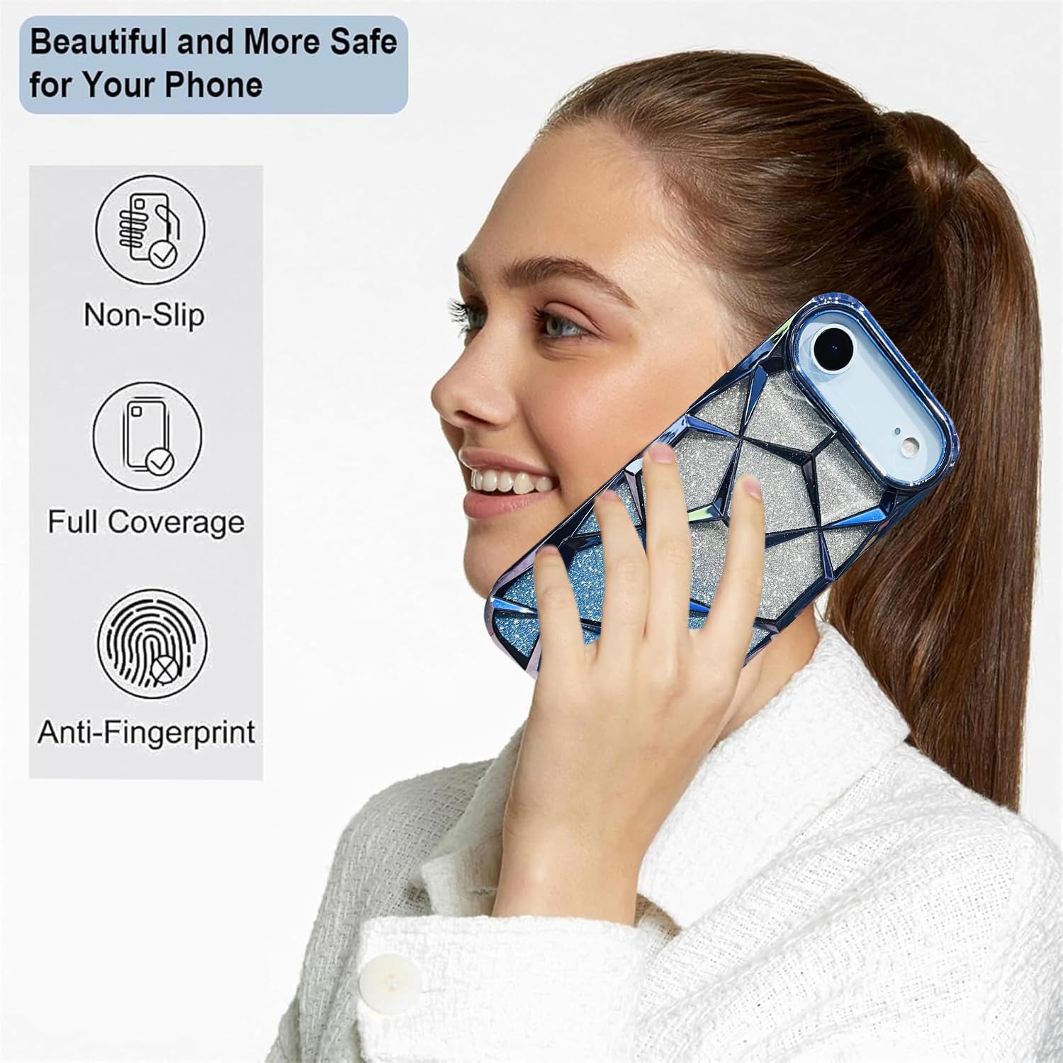 iPhone 17 Air Gradient Glitter Electroplated 3D Cube, Diamond Back Cover - Blue