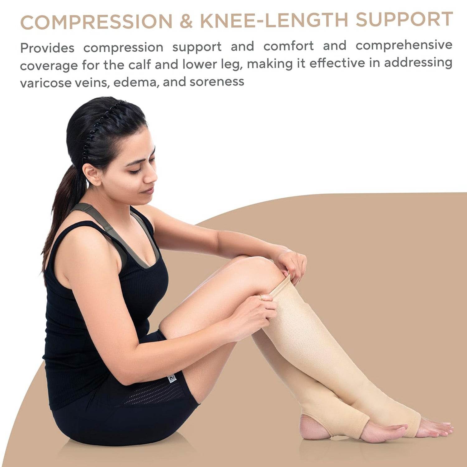 Varicose Veins Compression Stockings (Below Knee), Open Toe knee length Sleeves for Swelling, Edema, Sore & Aching Legs, Pain Relief & Post Pregnancy, for Men & Women (Size - XL, 1 Pair) - Cream - Guleel