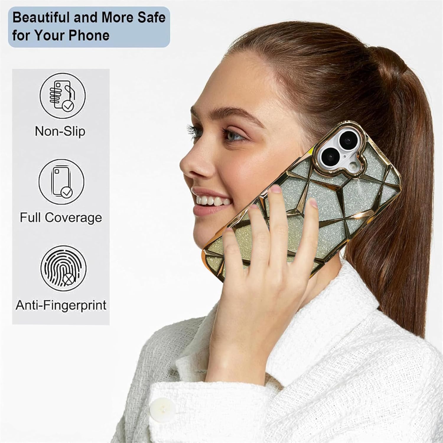 iPhone 17 Gradient Glitter Electroplated 3D Cube, Diamond Back Cover - Gold