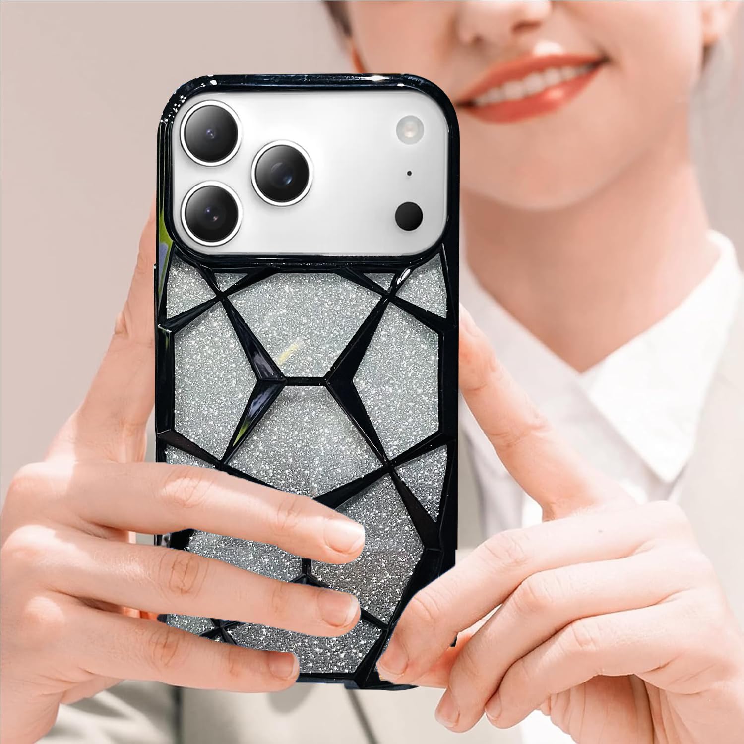 Gradient Glitter Electroplated 3D Cube, Diamond Back Cover - Black