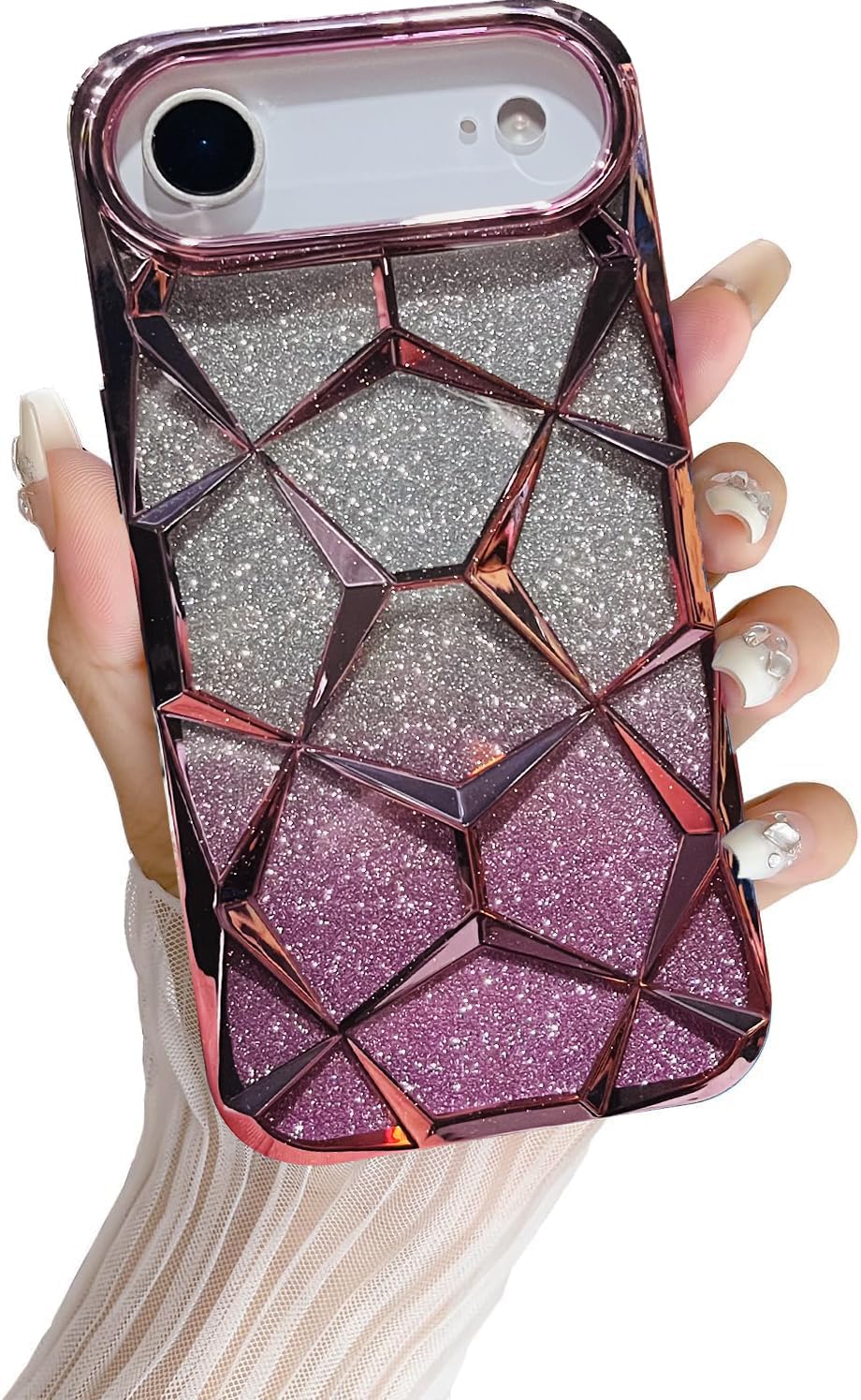 iPhone 17 Air Gradient Glitter Electroplated 3D Cube, Diamond Back Cover - Pink