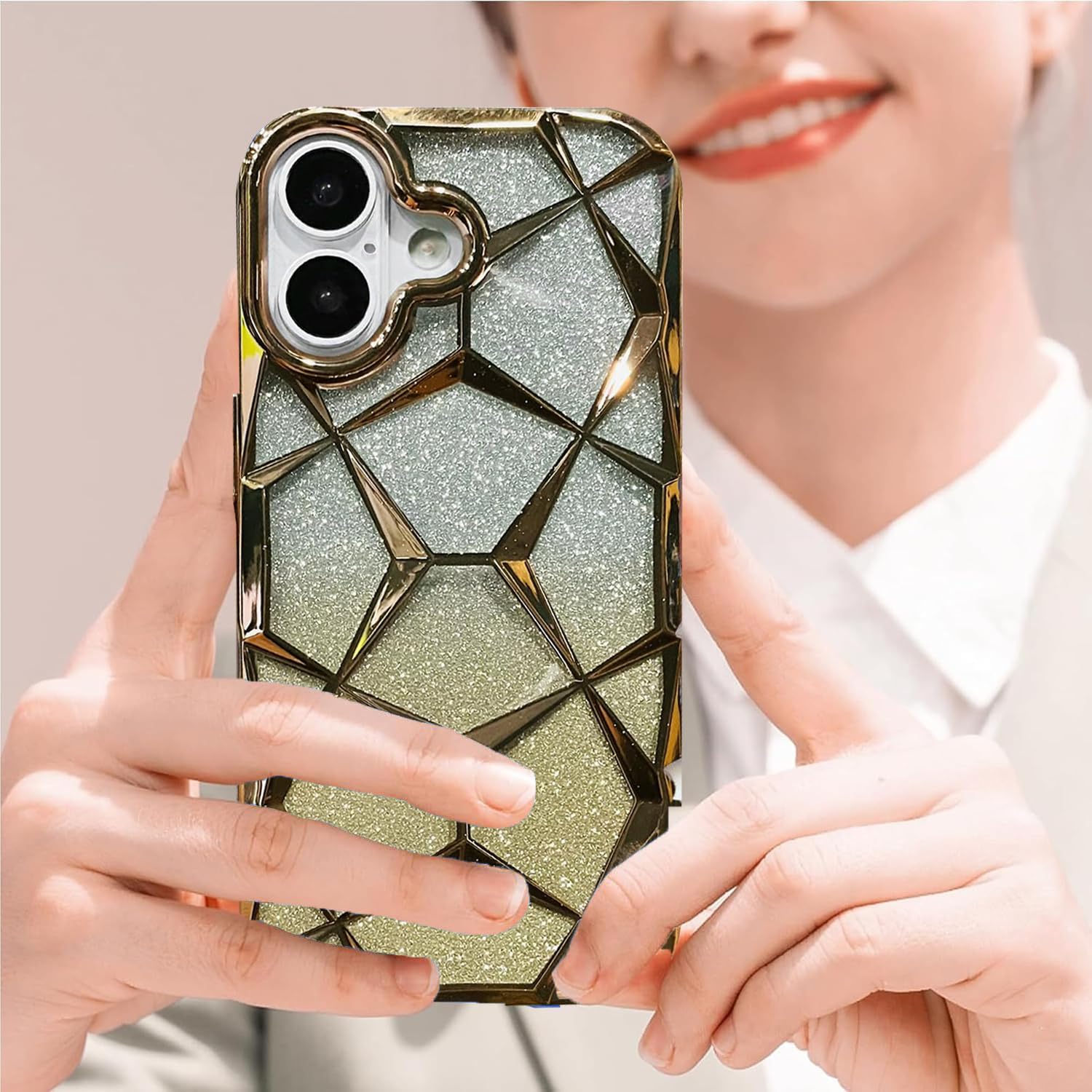 iPhone 17 Gradient Glitter Electroplated 3D Cube, Diamond Back Cover - Gold