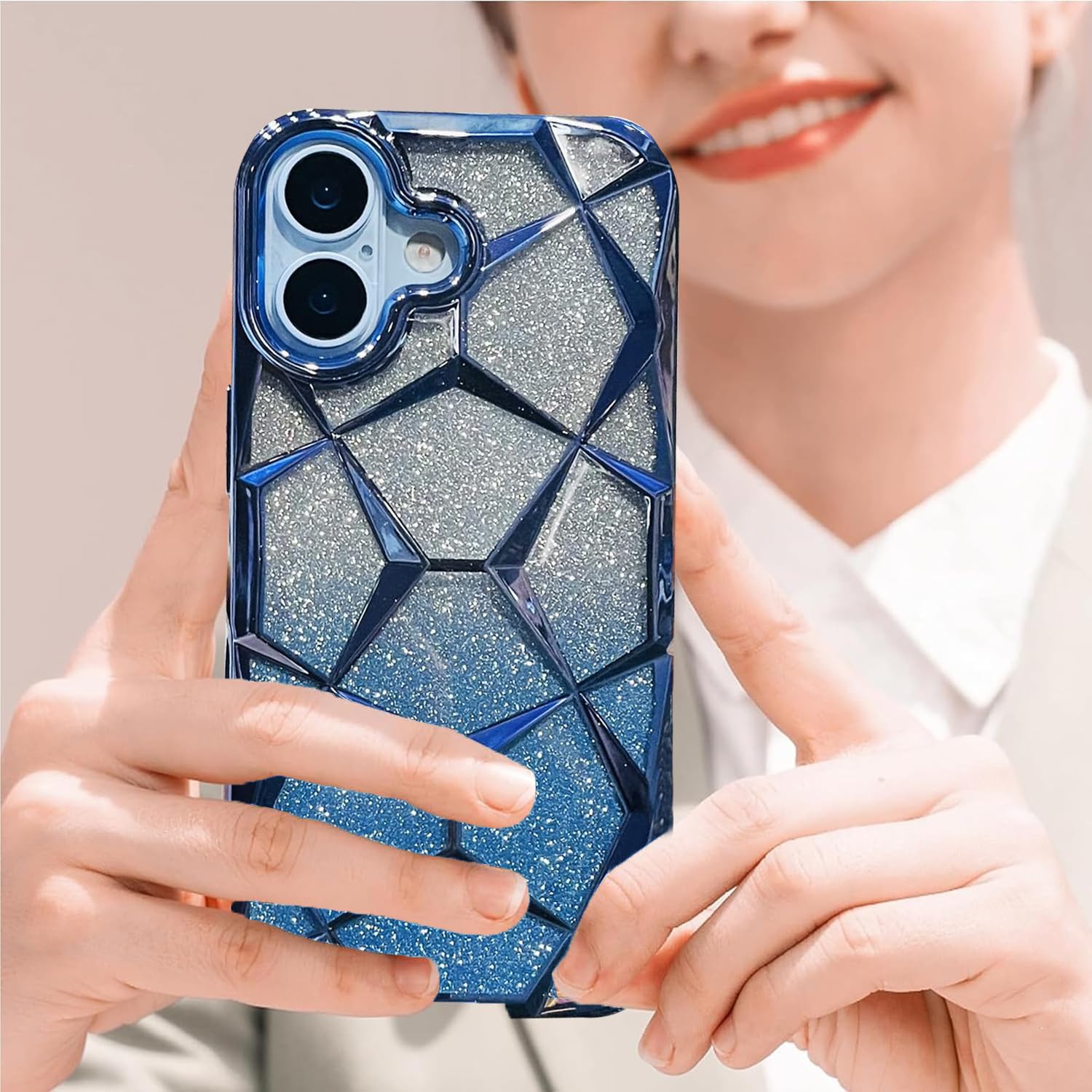 iPhone 17 Gradient Glitter Electroplated 3D Cube, Diamond Back Cover - Blue