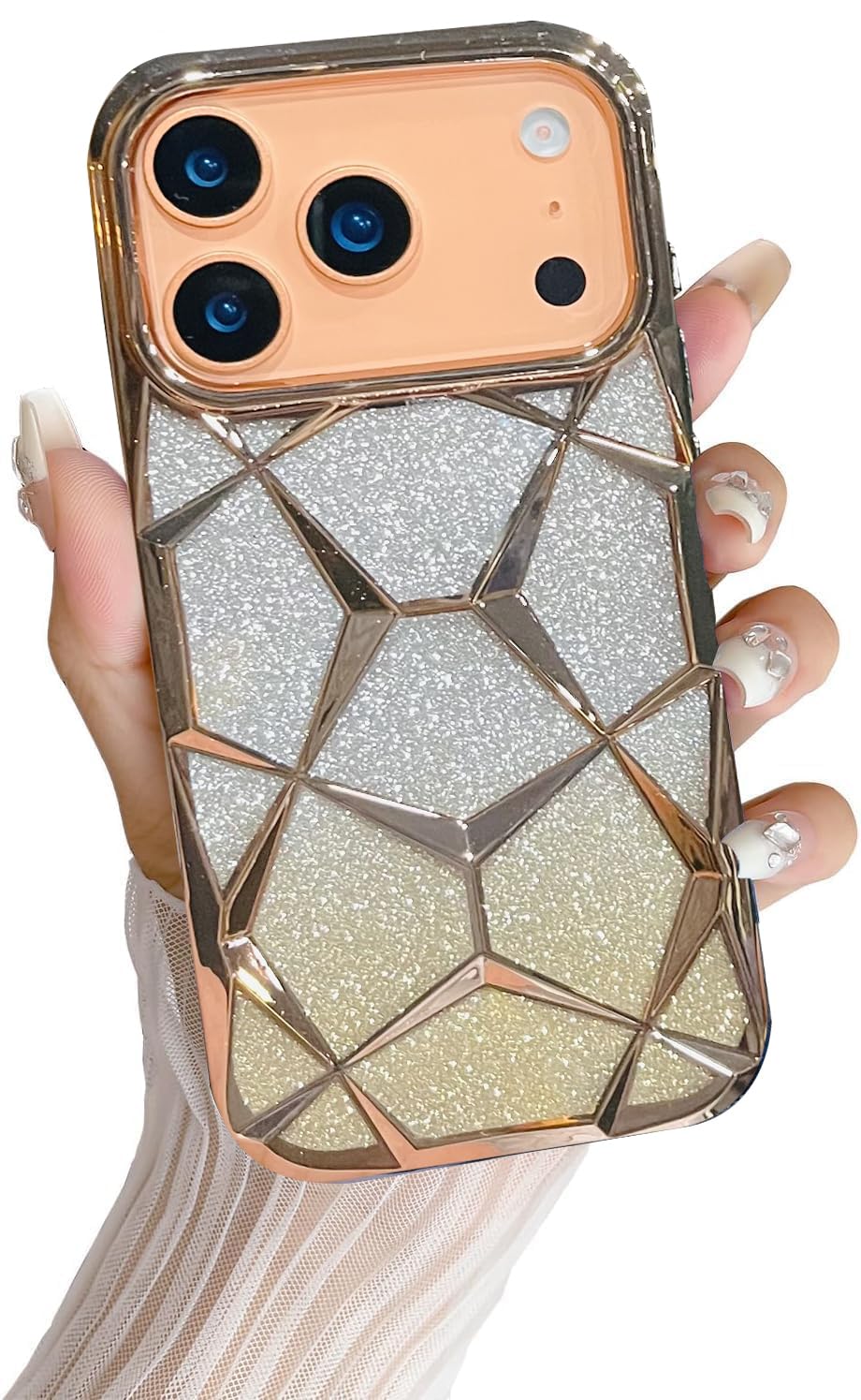 Gradient Glitter Electroplated 3D Cube, Diamond Back Cover - Gold