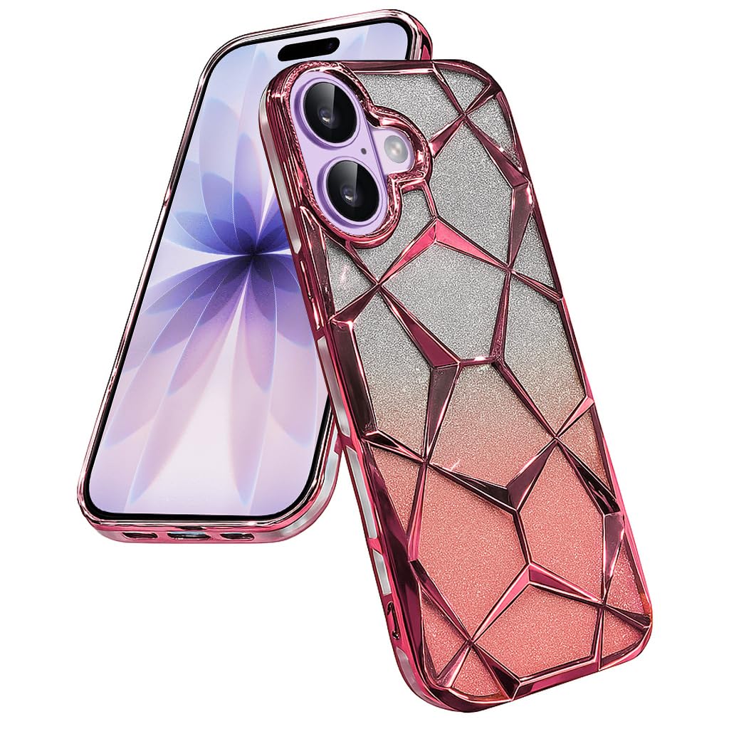 iPhone 17 Gradient Glitter Electroplated 3D Cube, Diamond Back Cover - Pink