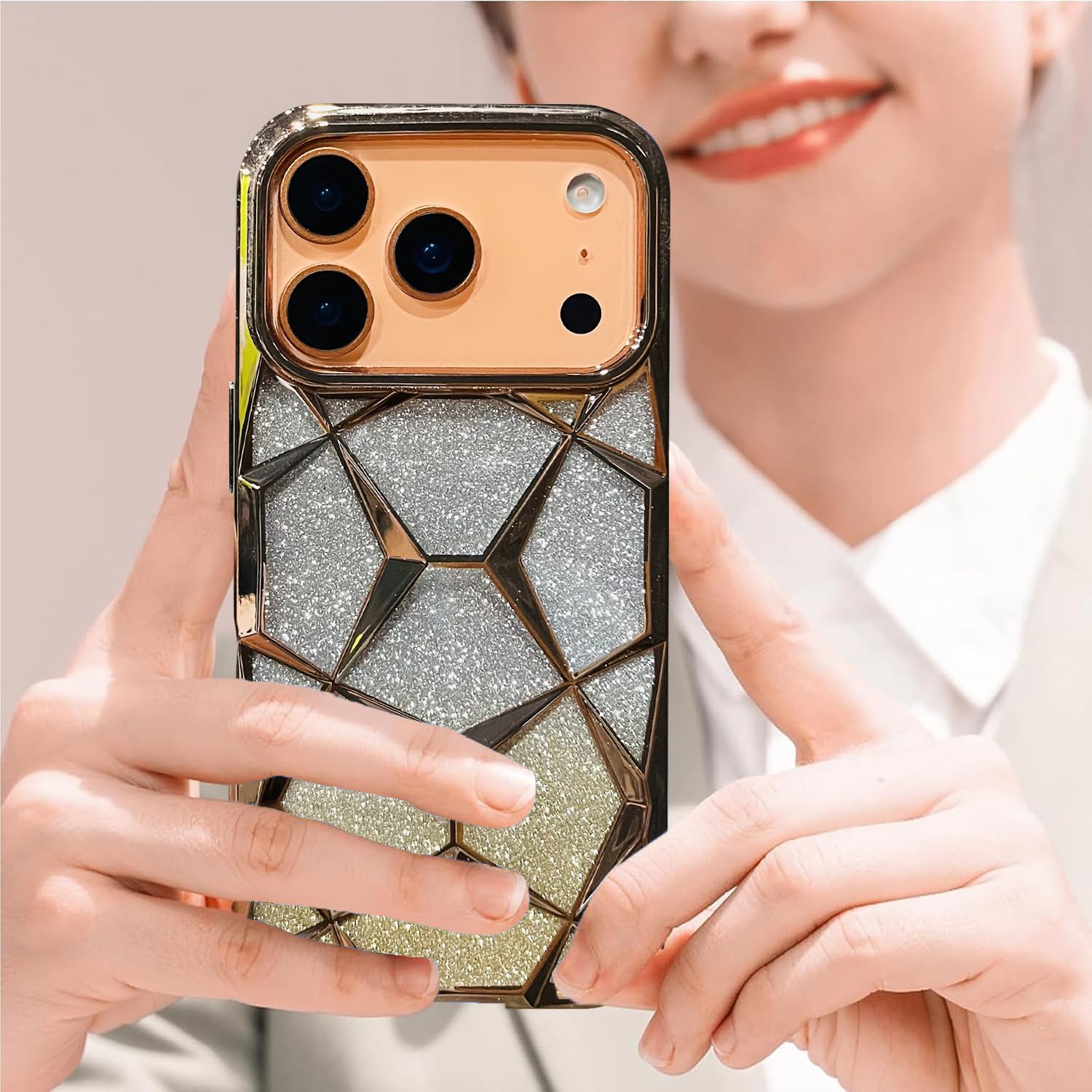 Gradient Glitter Electroplated 3D Cube, Diamond Back Cover - Gold