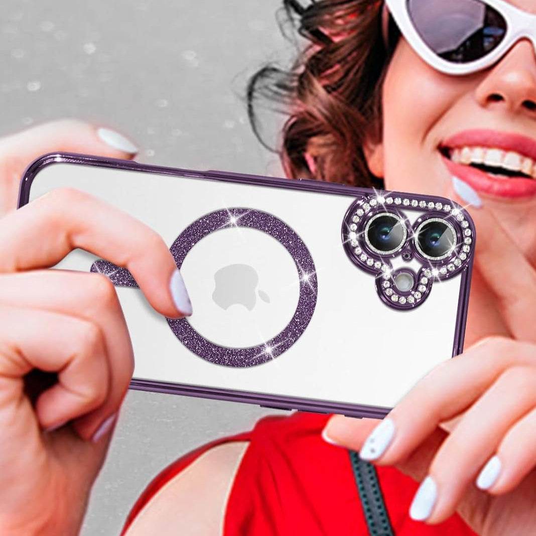 iPhone 16 Glitter Transparent Diamond Wireless Charging Magnetic MagSafe Case - Purple - Guleel