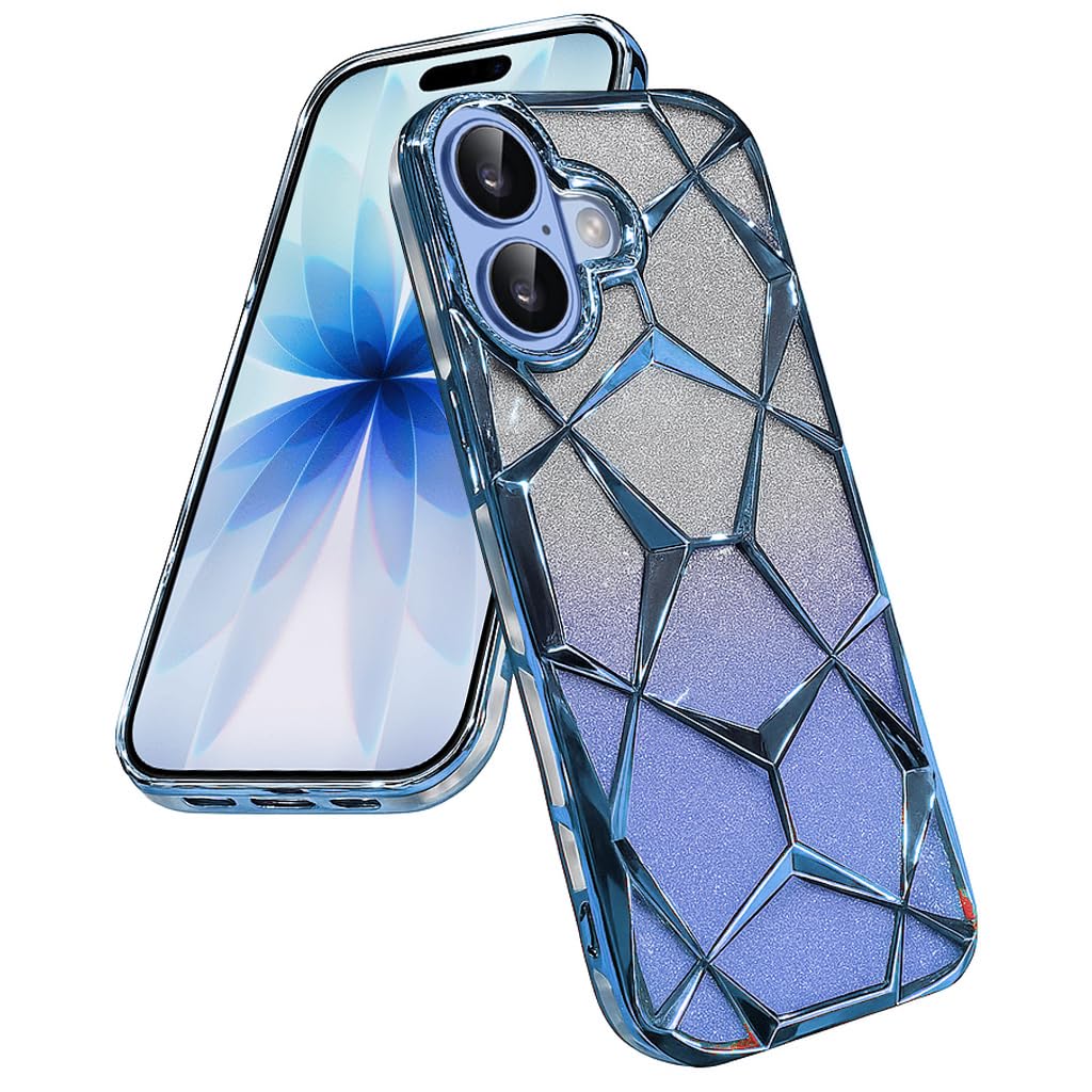 iPhone 17 Gradient Glitter Electroplated 3D Cube, Diamond Back Cover - Blue