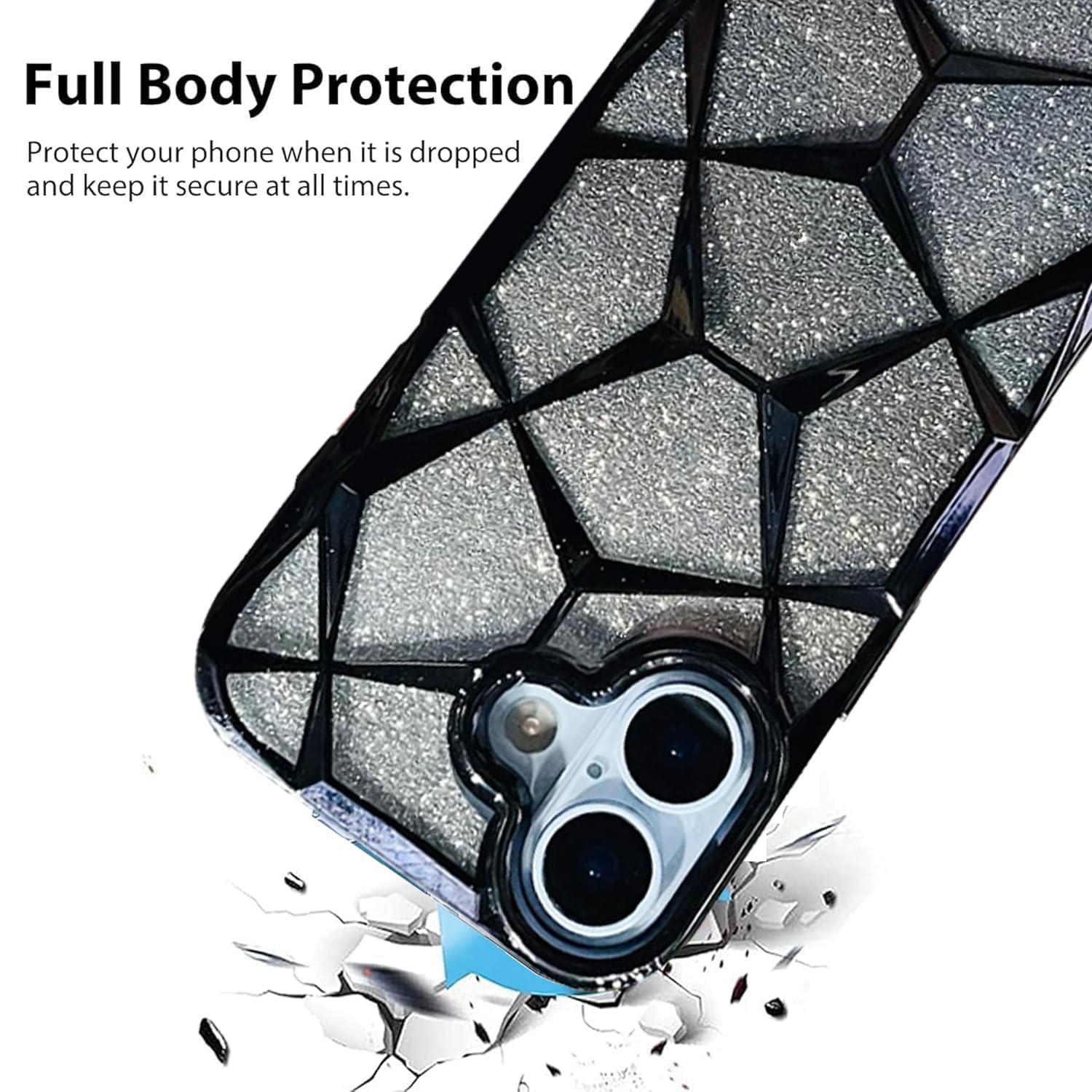 iPhone 17 Gradient Glitter Electroplated 3D Cube, Diamond Back Cover - Black