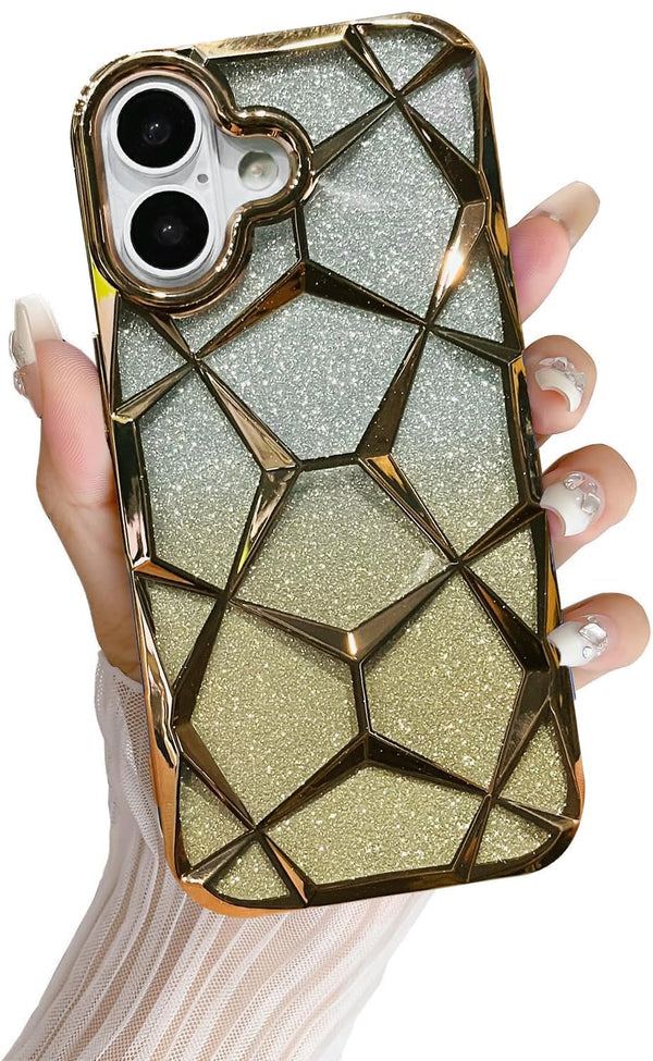 iPhone 17 Gradient Glitter Electroplated 3D Cube, Diamond Back Cover - Gold
