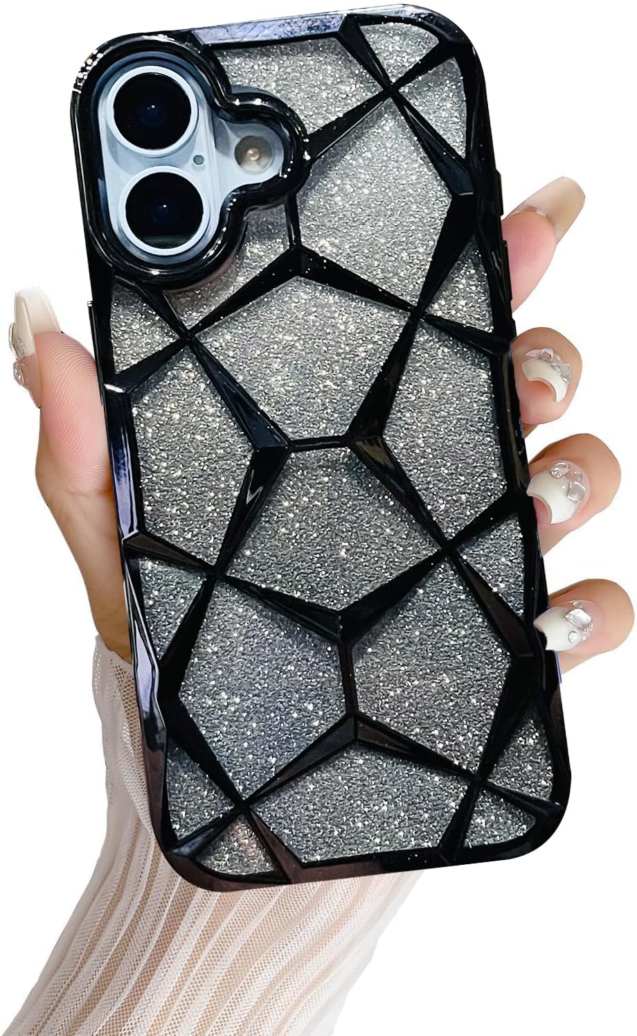 iPhone 17 Gradient Glitter Electroplated 3D Cube, Diamond Back Cover - Black