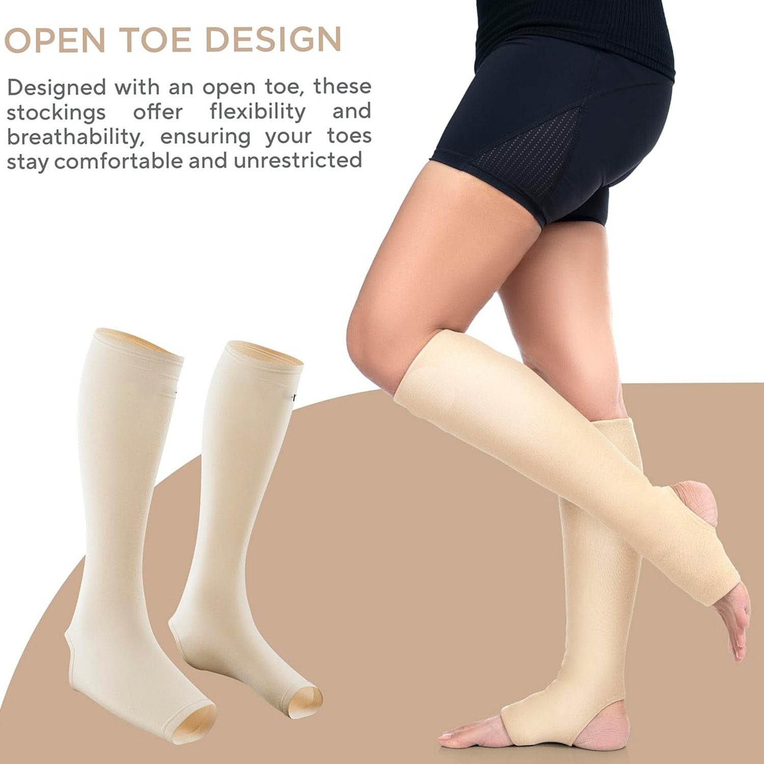 Varicose Veins Compression Stockings (Below Knee), Open Toe knee length Sleeves for Swelling, Edema, Sore & Aching Legs, Pain Relief & Post Pregnancy, for Men & Women (Size - XL, 1 Pair) - Cream - Guleel