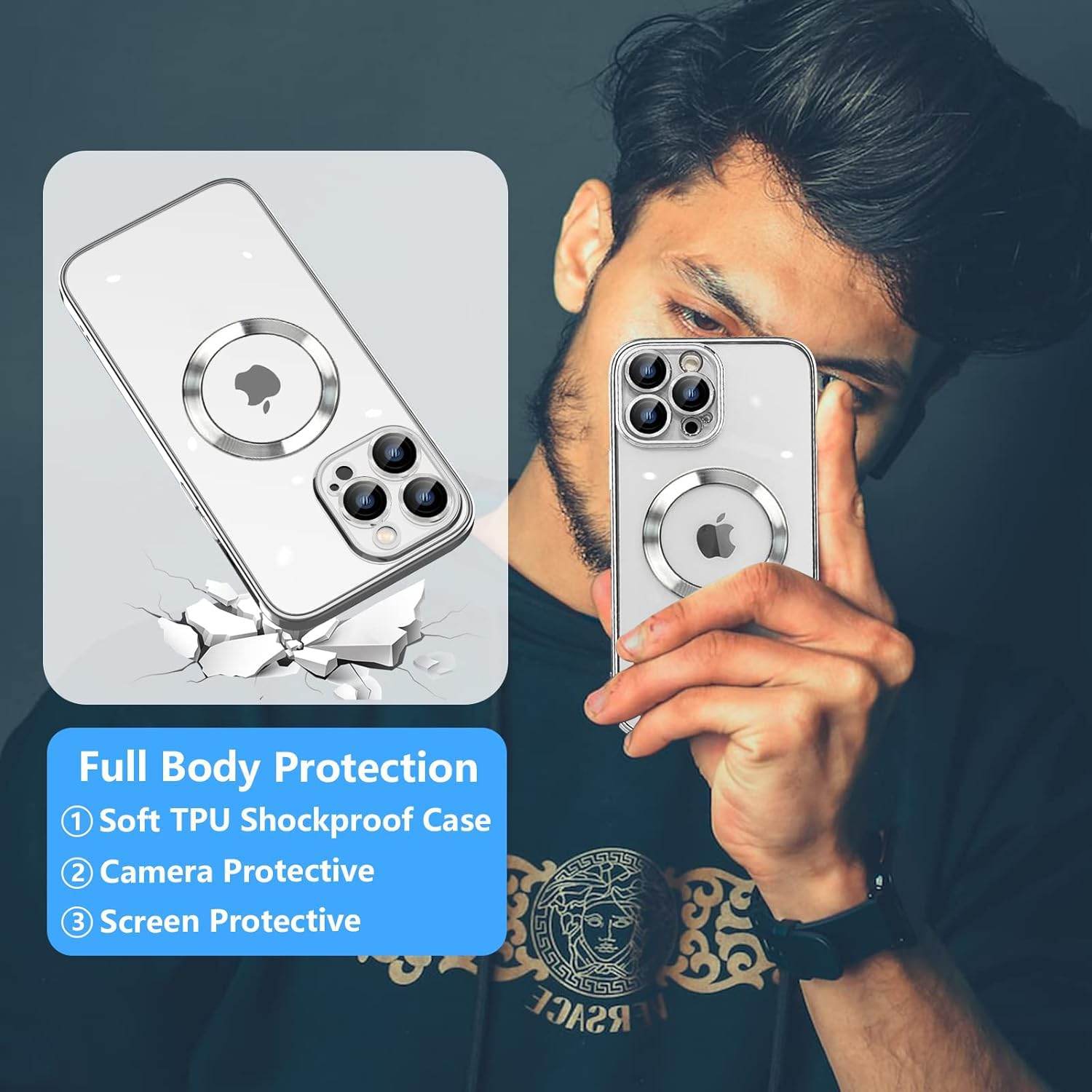 iPhone 15 Pro Max Premium Transparent Silicon Back Case Cover - Silver - Guleel