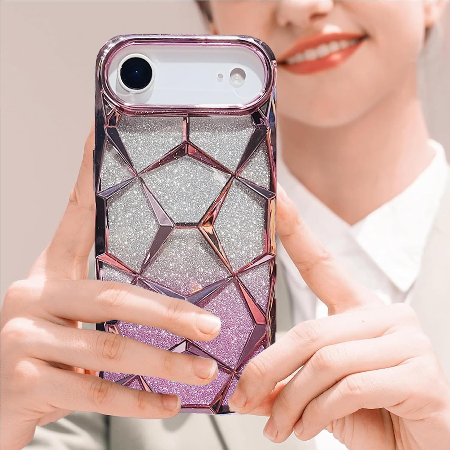 iPhone 17 Air Gradient Glitter Electroplated 3D Cube, Diamond Back Cover - Pink