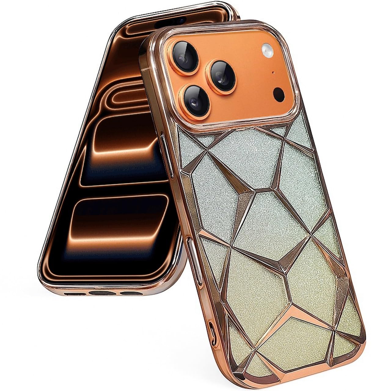 Gradient Glitter Electroplated 3D Cube, Diamond Back Cover - Gold