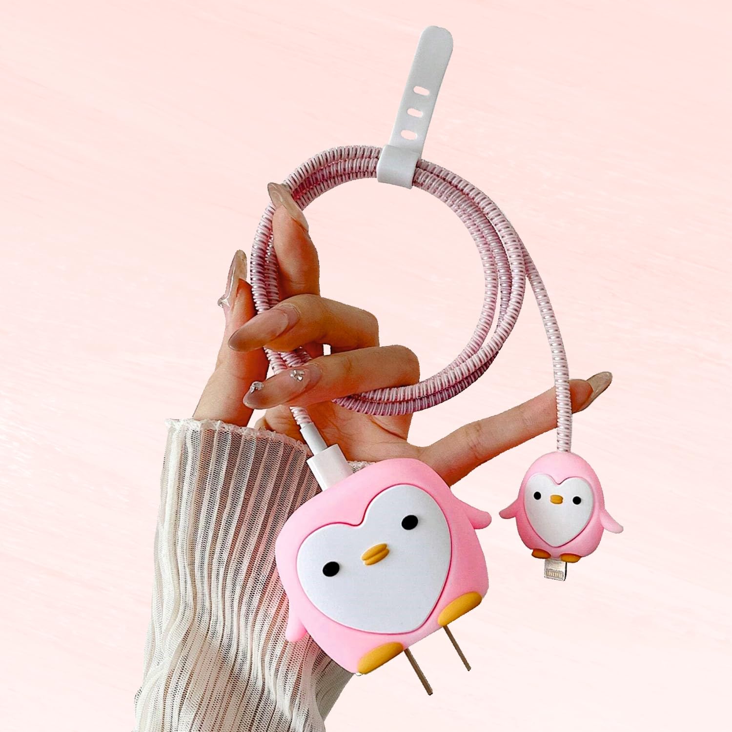 Silicone Cartoon iPhone Charger Case Cover for 18-20W Chargers -  Penguin Pink