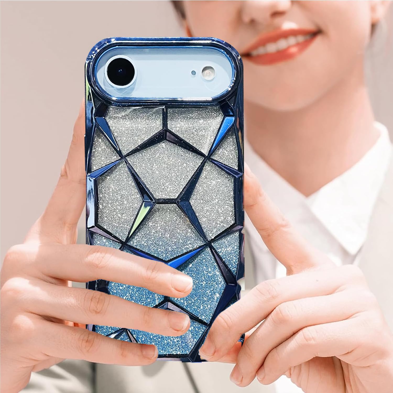 iPhone 17 Air Gradient Glitter Electroplated 3D Cube, Diamond Back Cover - Blue