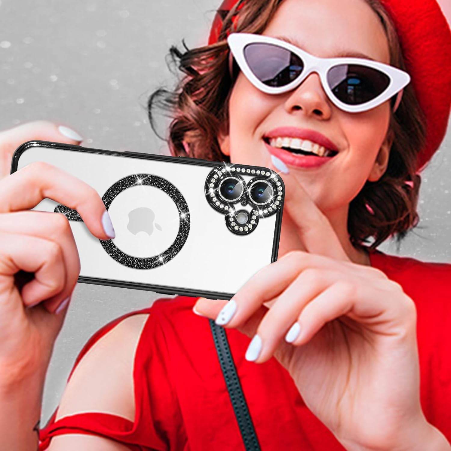 iPhone 16 Glitter Transparent Diamond Wireless Charging Magnetic MagSafe Case - Black - Guleel