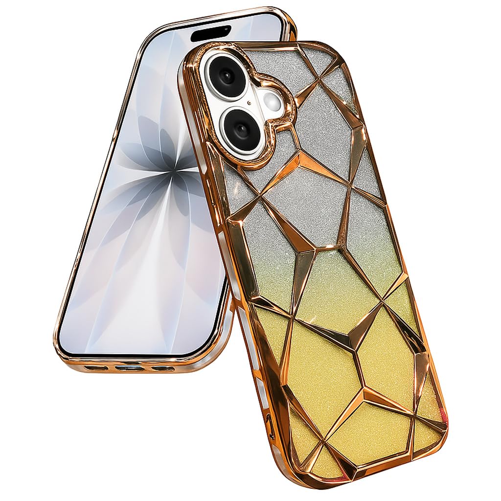 iPhone 17 Gradient Glitter Electroplated 3D Cube, Diamond Back Cover - Gold