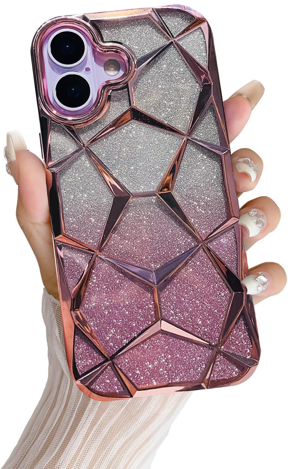 iPhone 17 Gradient Glitter Electroplated 3D Cube, Diamond Back Cover - Pink