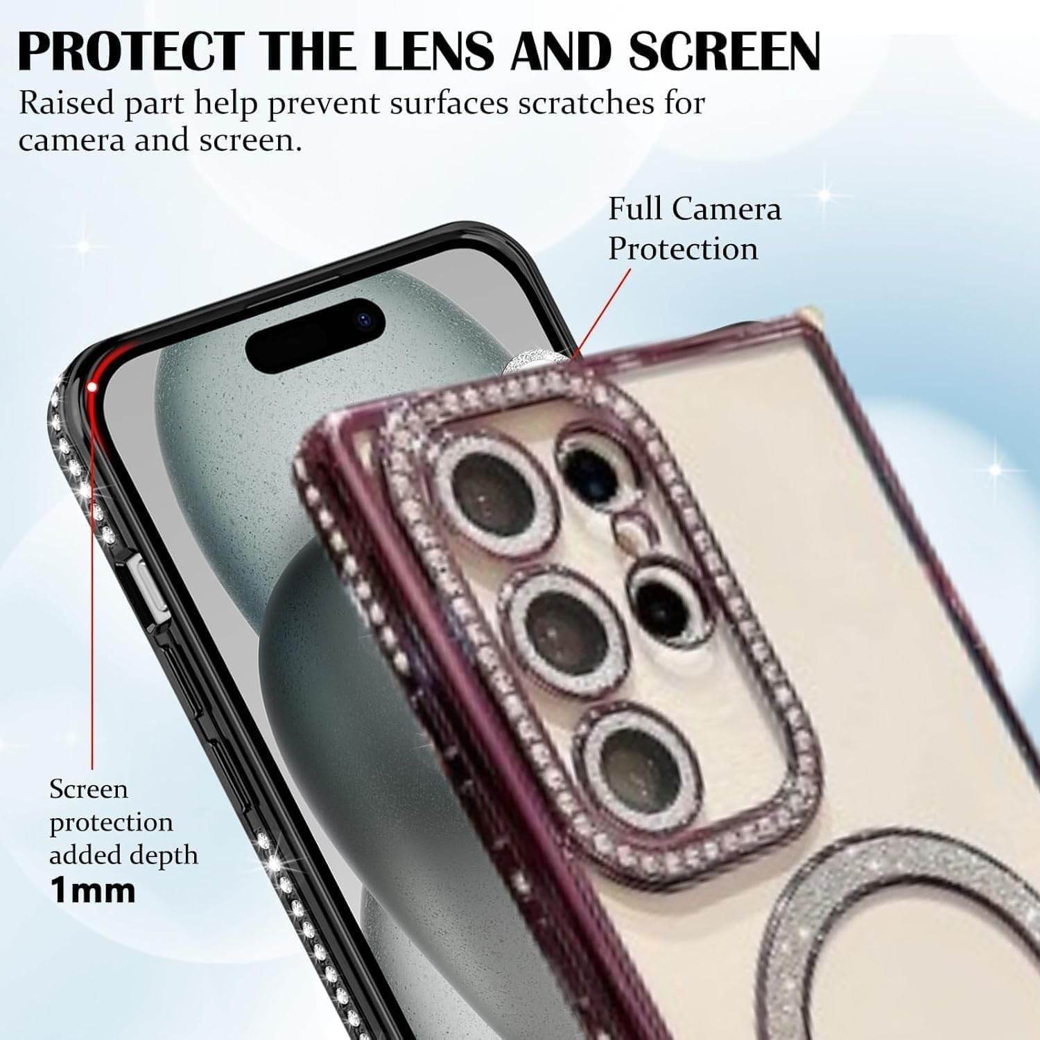 Glitter Camera Protection Magnetic Mag Safe Transparent Case Cover - Purple - Guleel