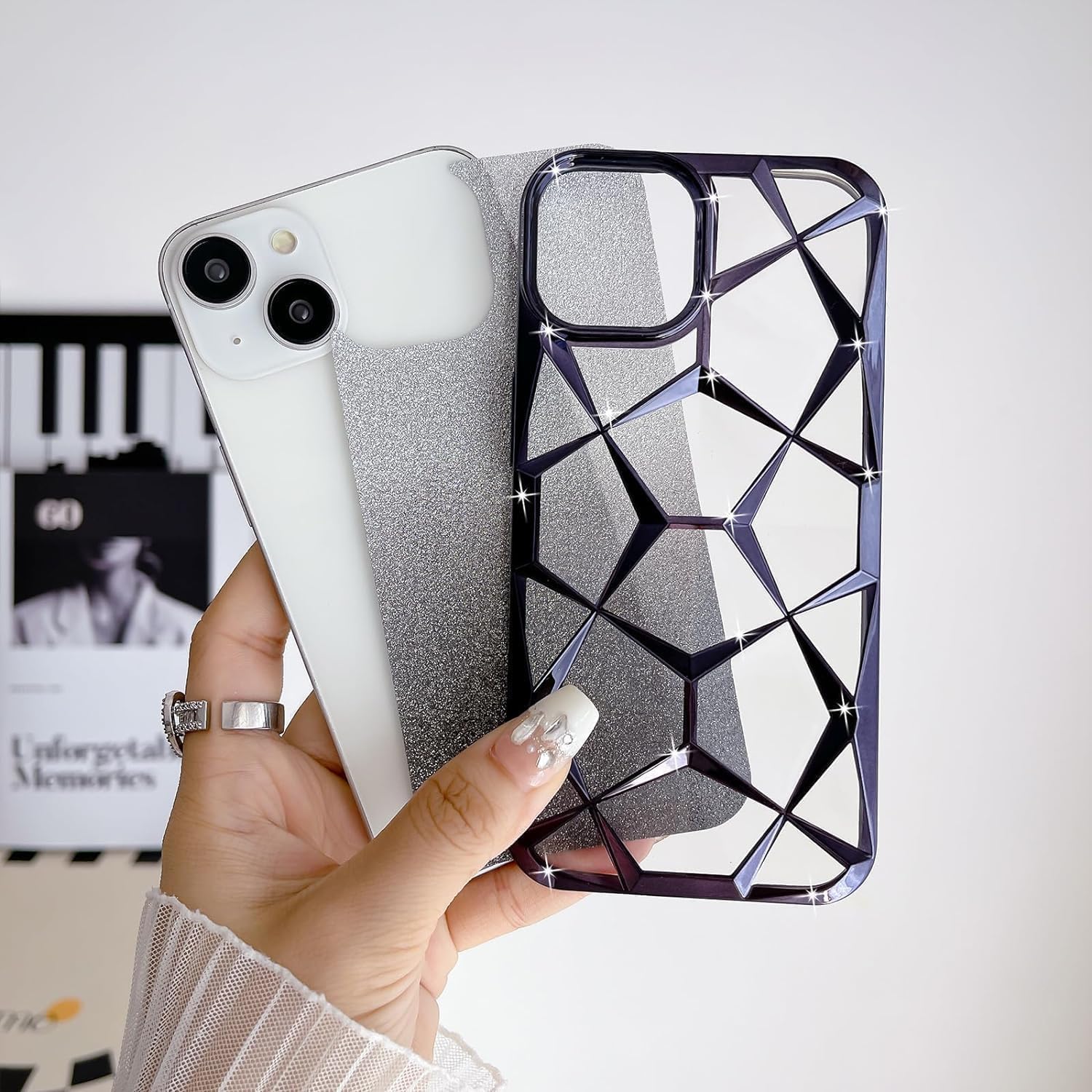 Gradient Glitter Electroplated 3D Cube, Diamond Back Cover - Black