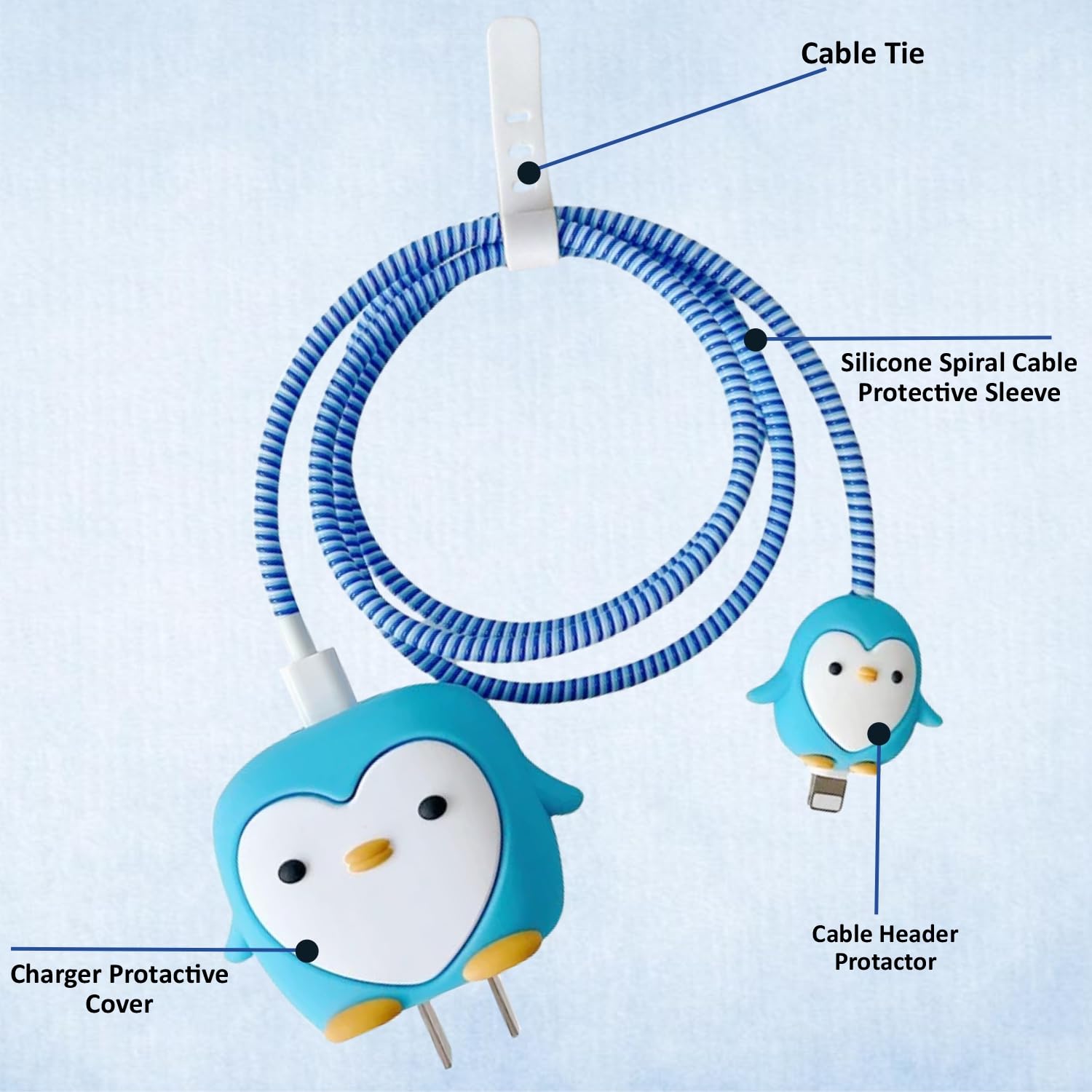 Silicone Cartoon iPhone Charger Case Cover for 18-20W Chargers -  Penguin Blue