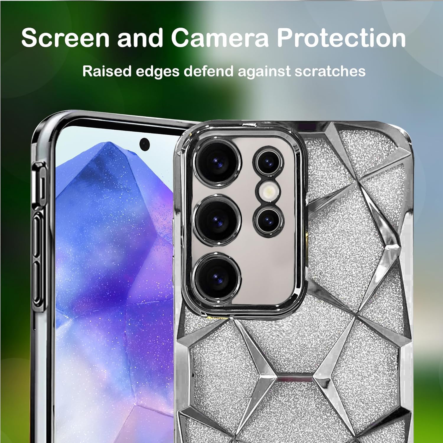 Gradient Glitter Electroplated 3D Cube, Diamond Back Cover - Silver