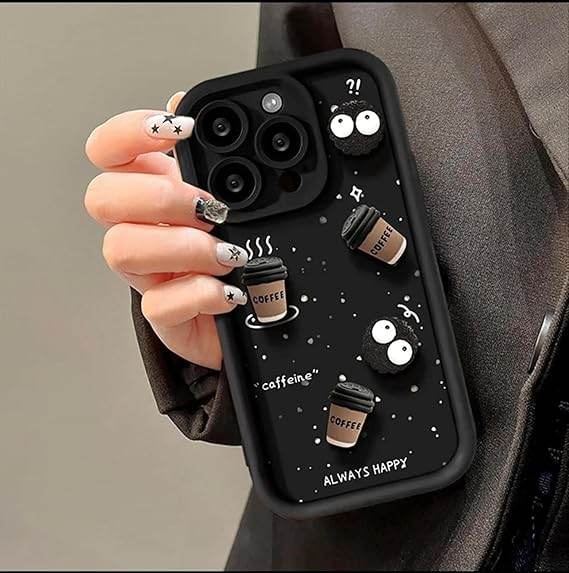iPhone 15 Pro Max Cute Coffee Silicone Cartoon Back Case Cover - Black - Guleel